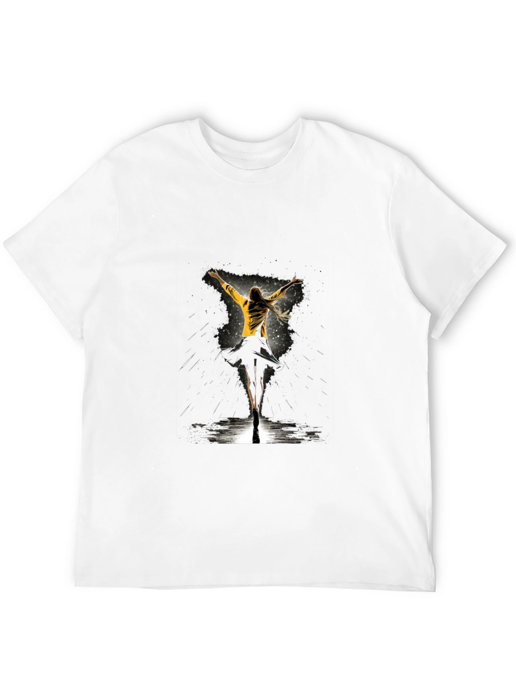 Graphic Tee: Woman Dancing in Yellow Jacket - Black