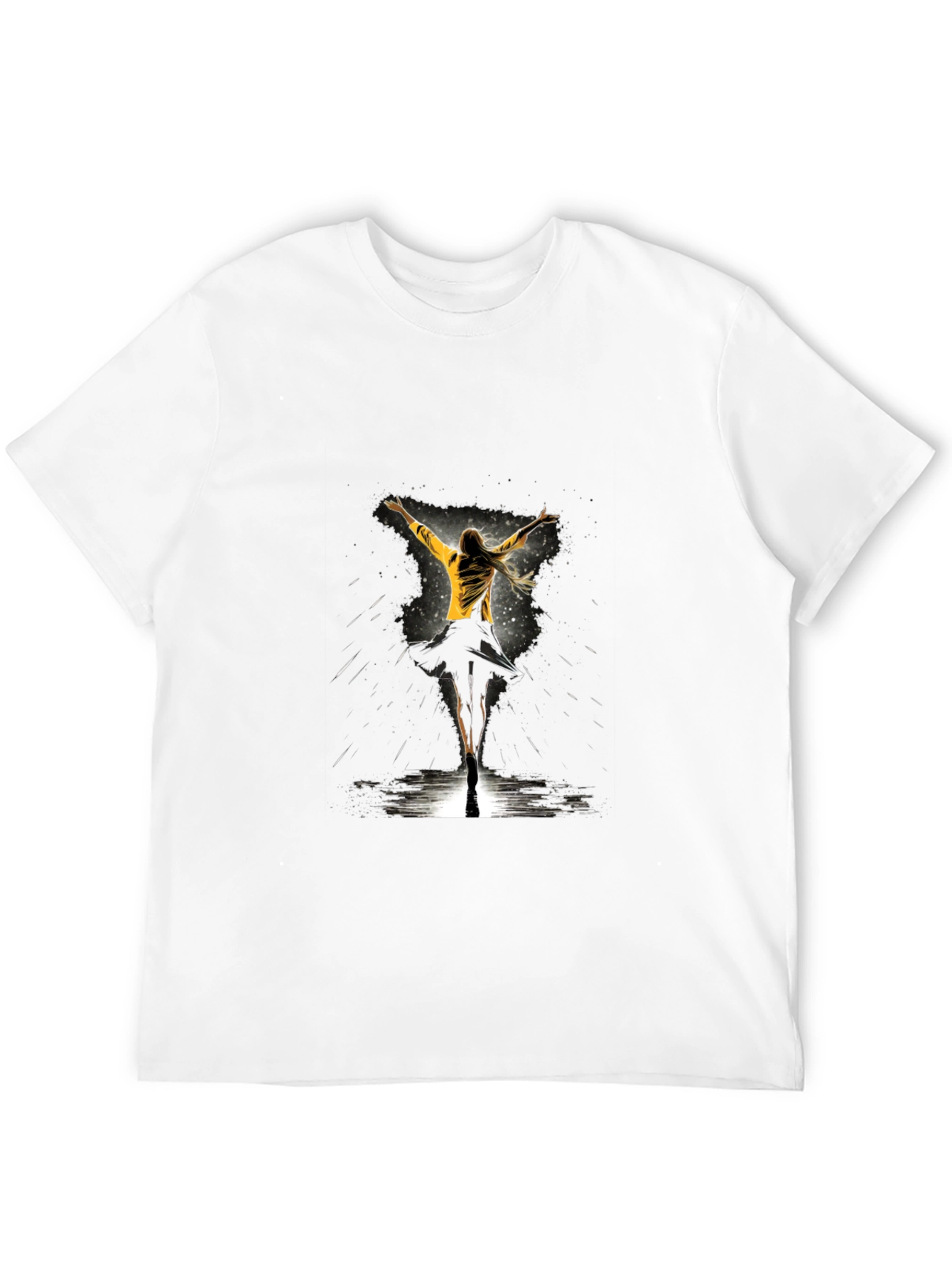 Graphic Tee: Woman Dancing in Yellow Jacket - Black