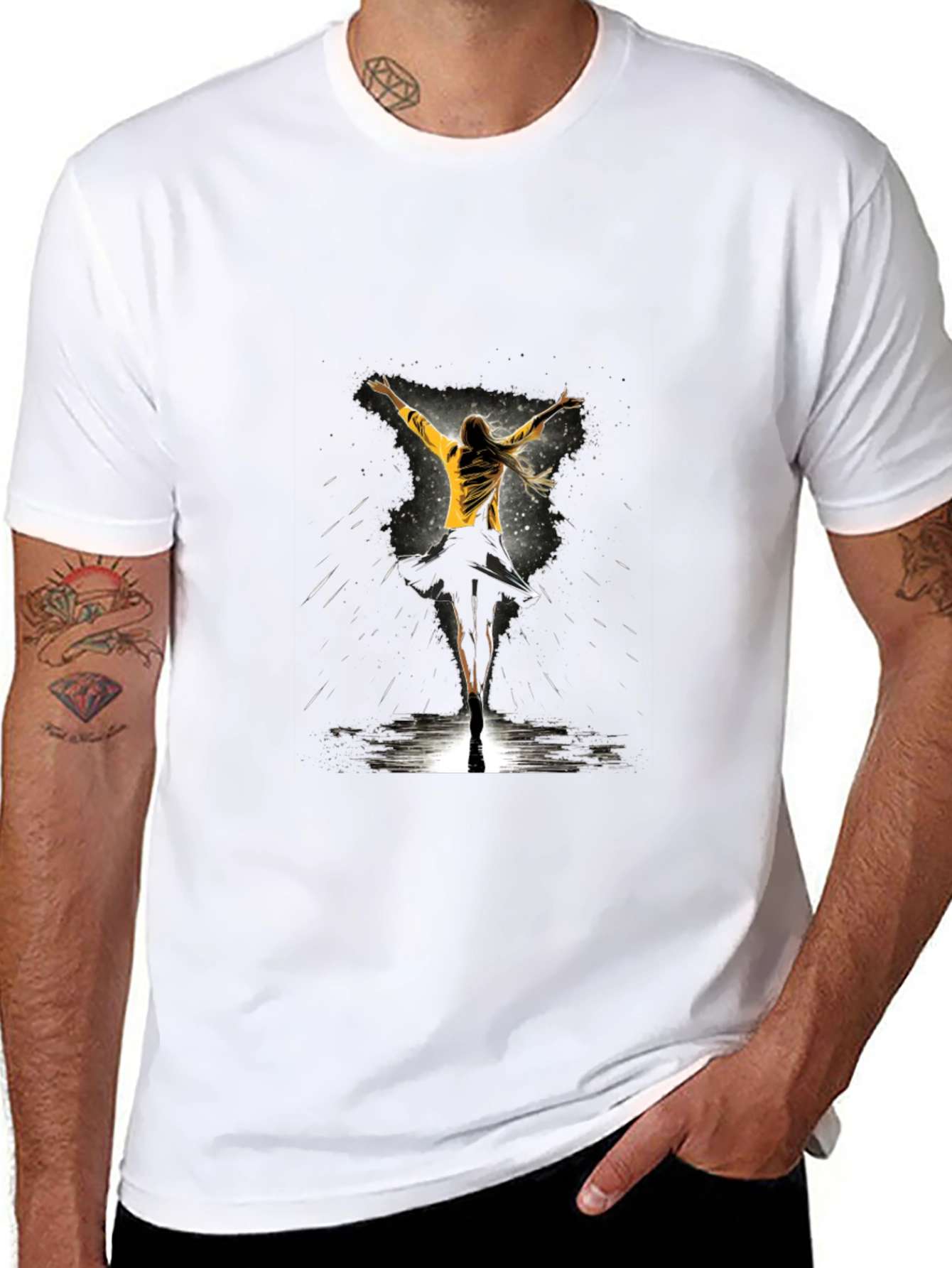 Graphic Tee: Woman Dancing in Yellow Jacket - Black