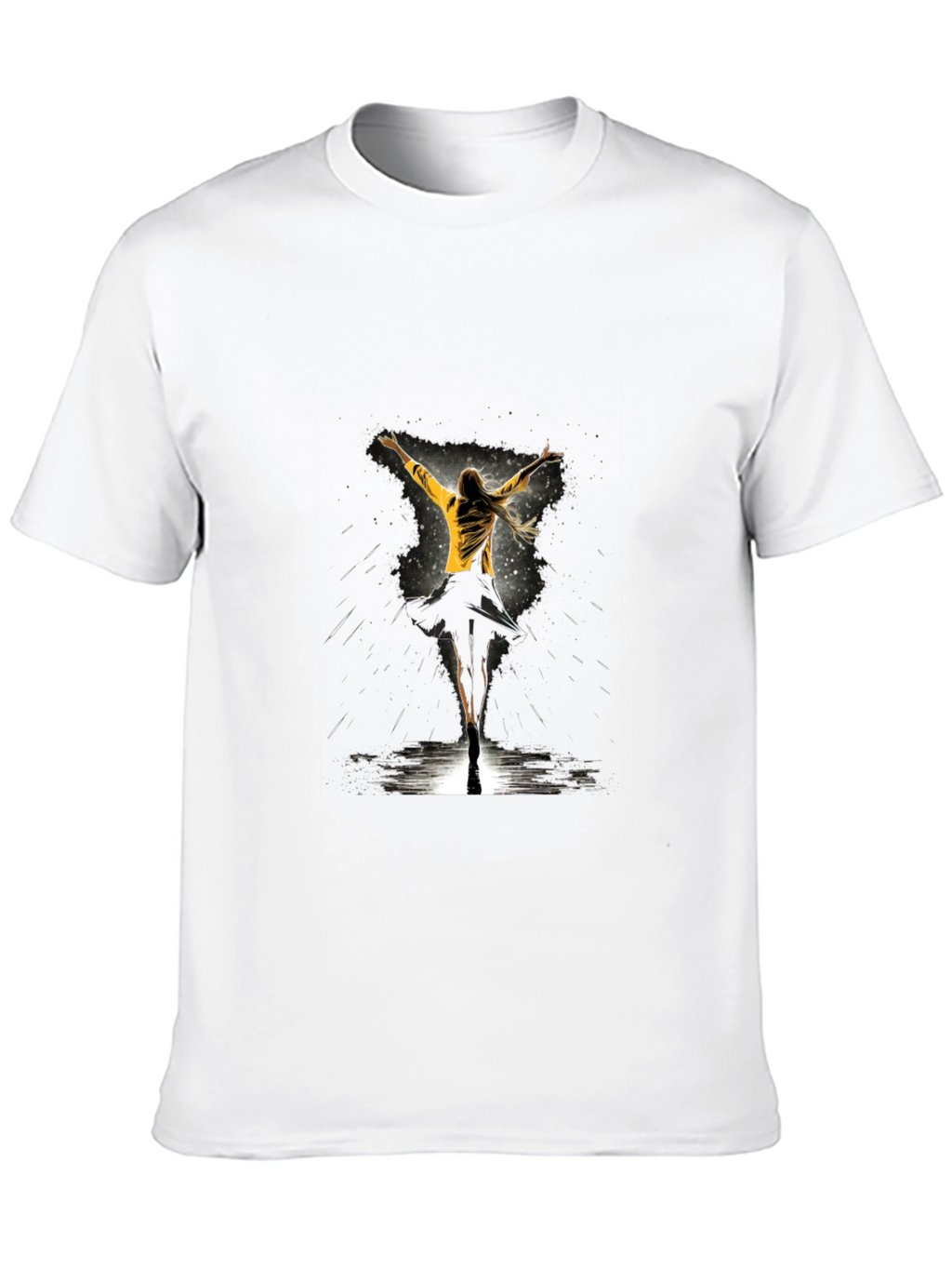 Graphic Tee: Woman Dancing in Yellow Jacket - Black