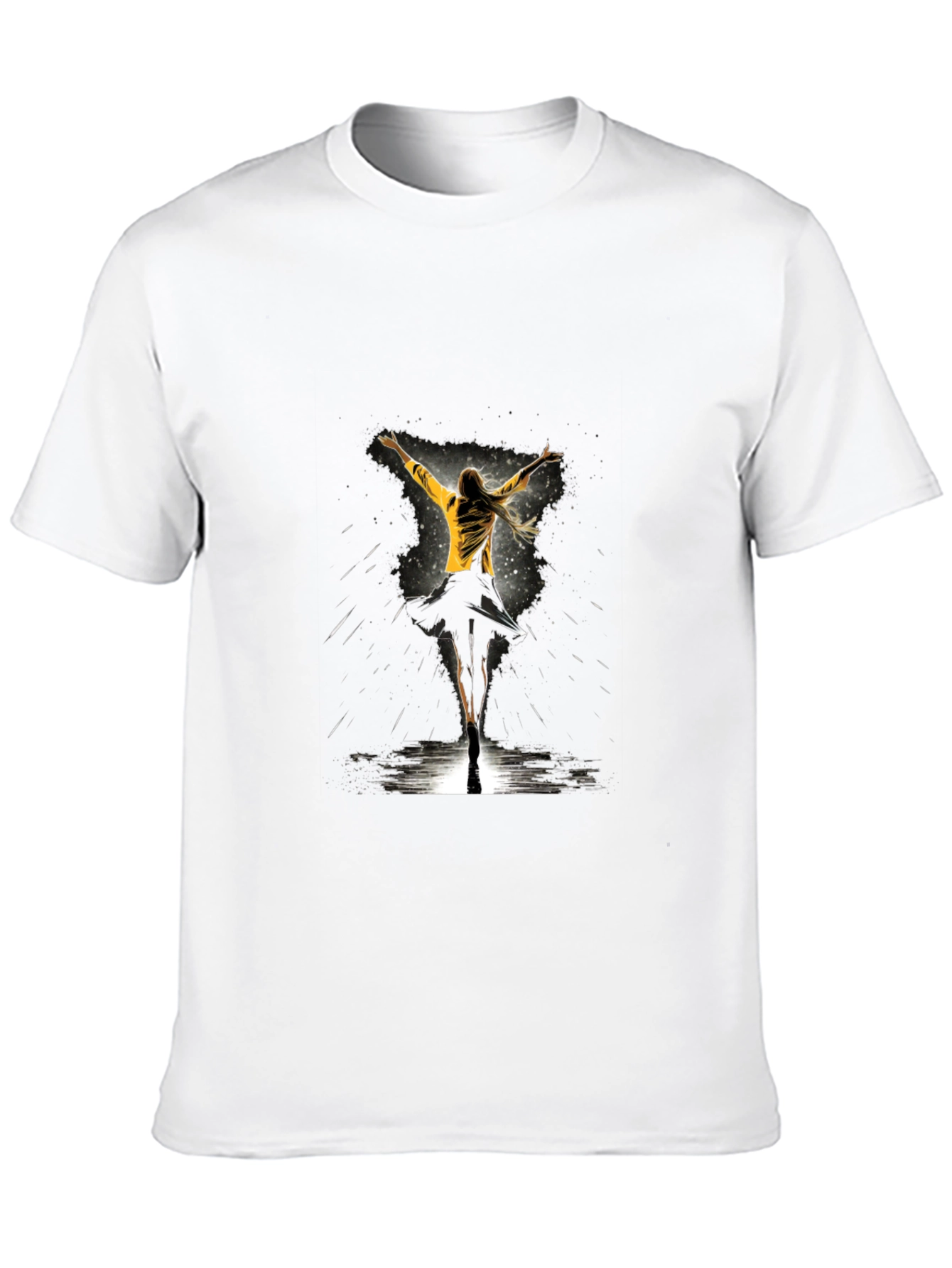 Graphic Tee: Woman Dancing in Yellow Jacket - Black
