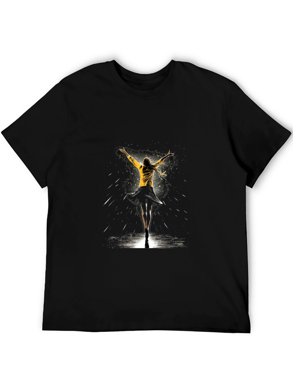 Graphic Tee: Woman Dancing in Yellow Jacket - Black