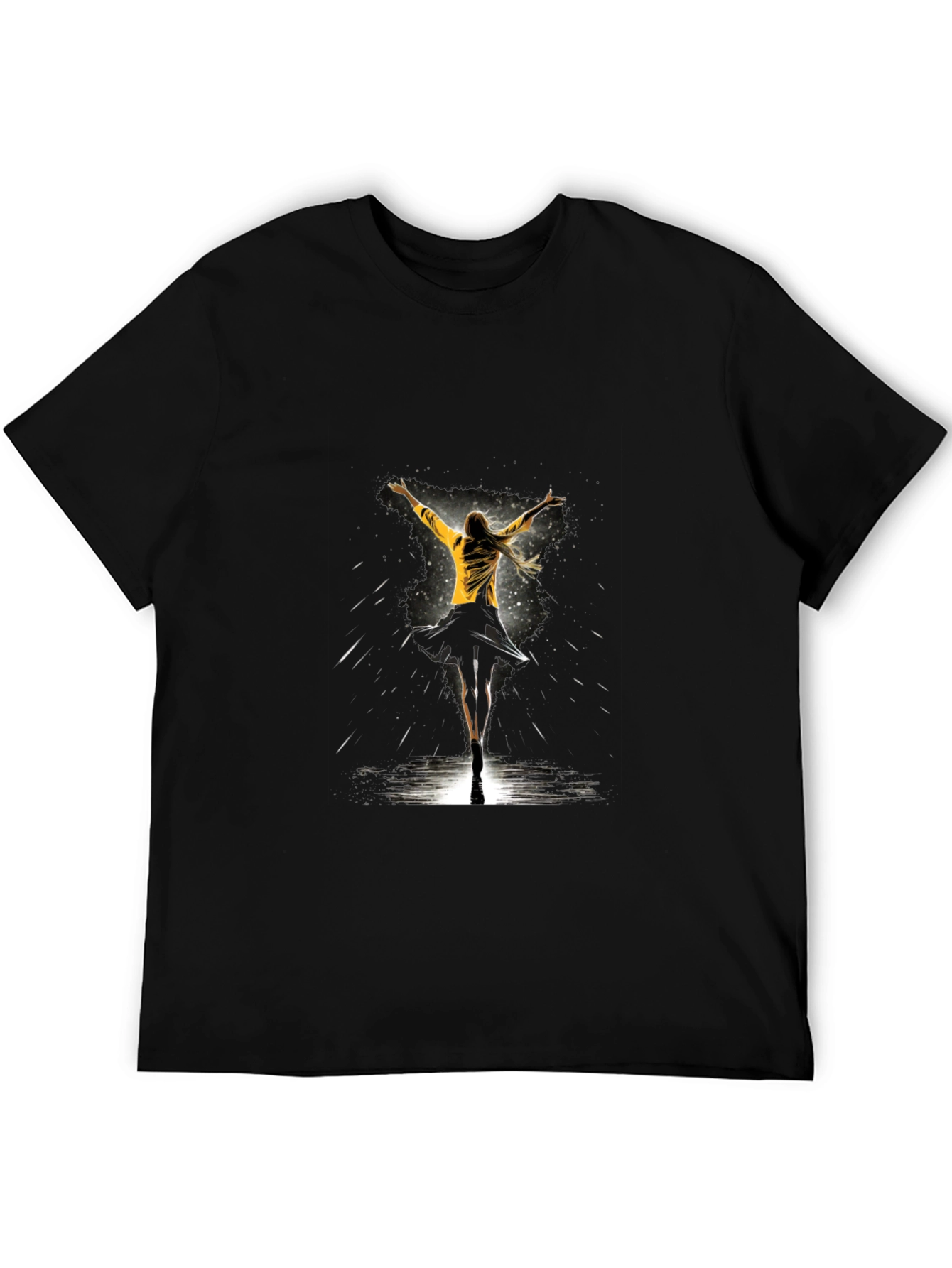 Graphic Tee: Woman Dancing in Yellow Jacket - Black