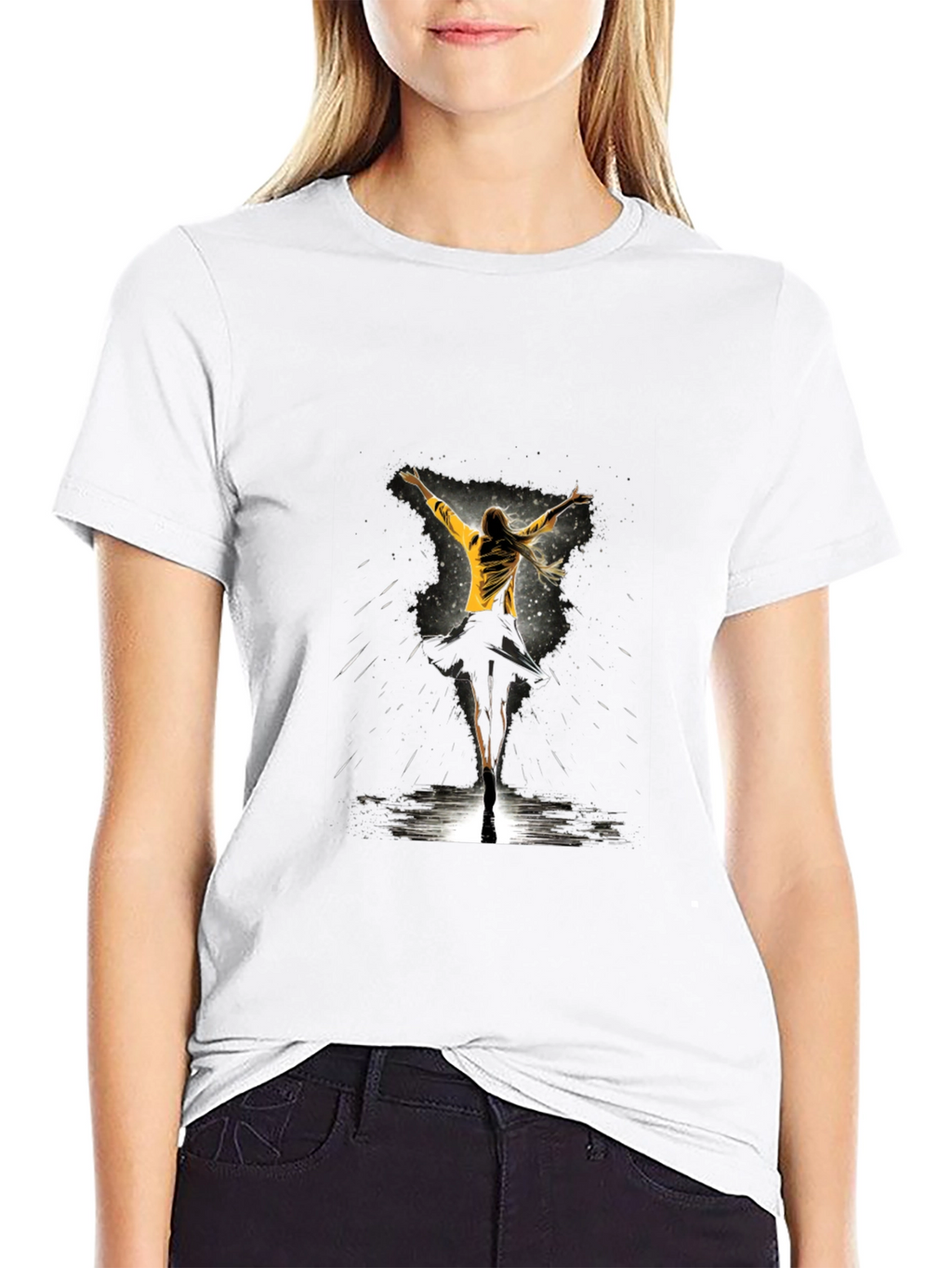 Graphic Tee: Woman Dancing in Yellow Jacket - Black