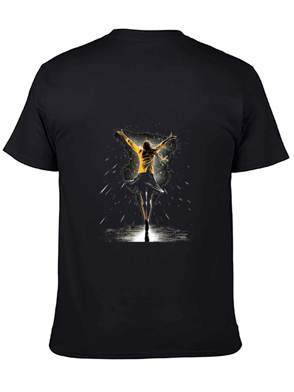 Graphic Tee: Woman Dancing in Yellow Jacket - Black
