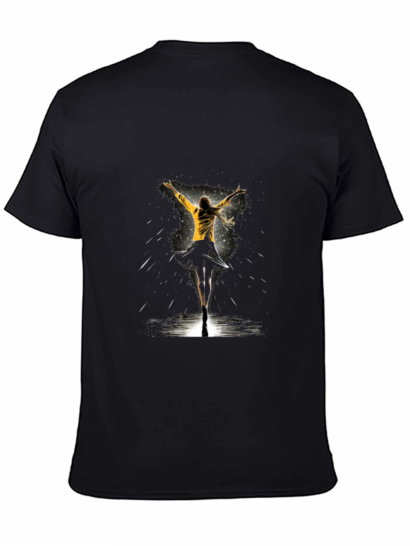 Graphic Tee: Woman Dancing in Yellow Jacket - Black