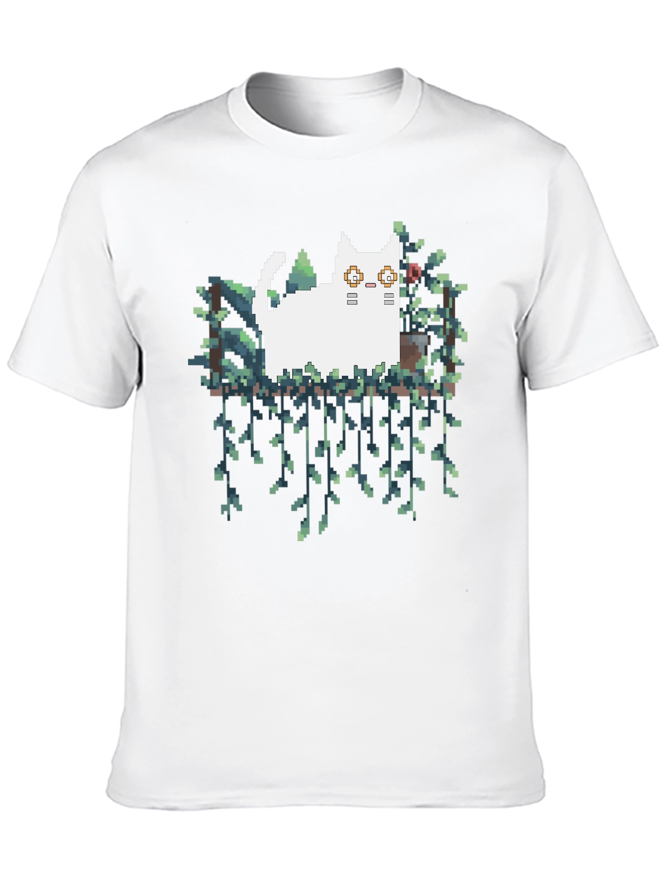 Pixel Cat & Plants Black T-Shirt