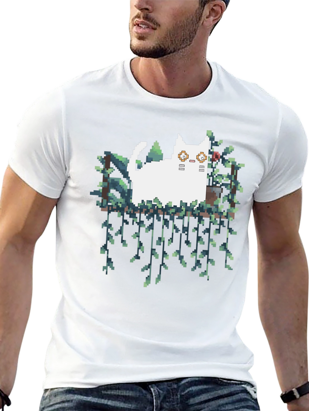 Pixel Cat & Plants Black T-Shirt