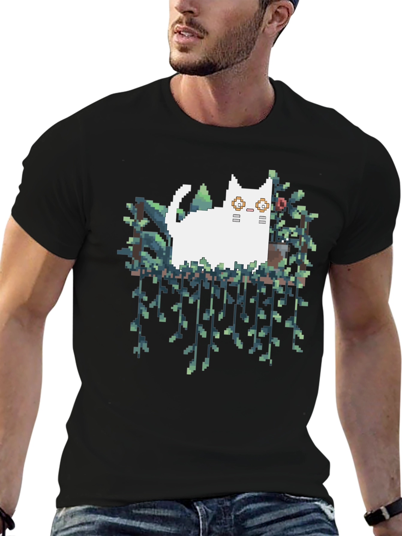 Pixel Cat & Plants Black T-Shirt