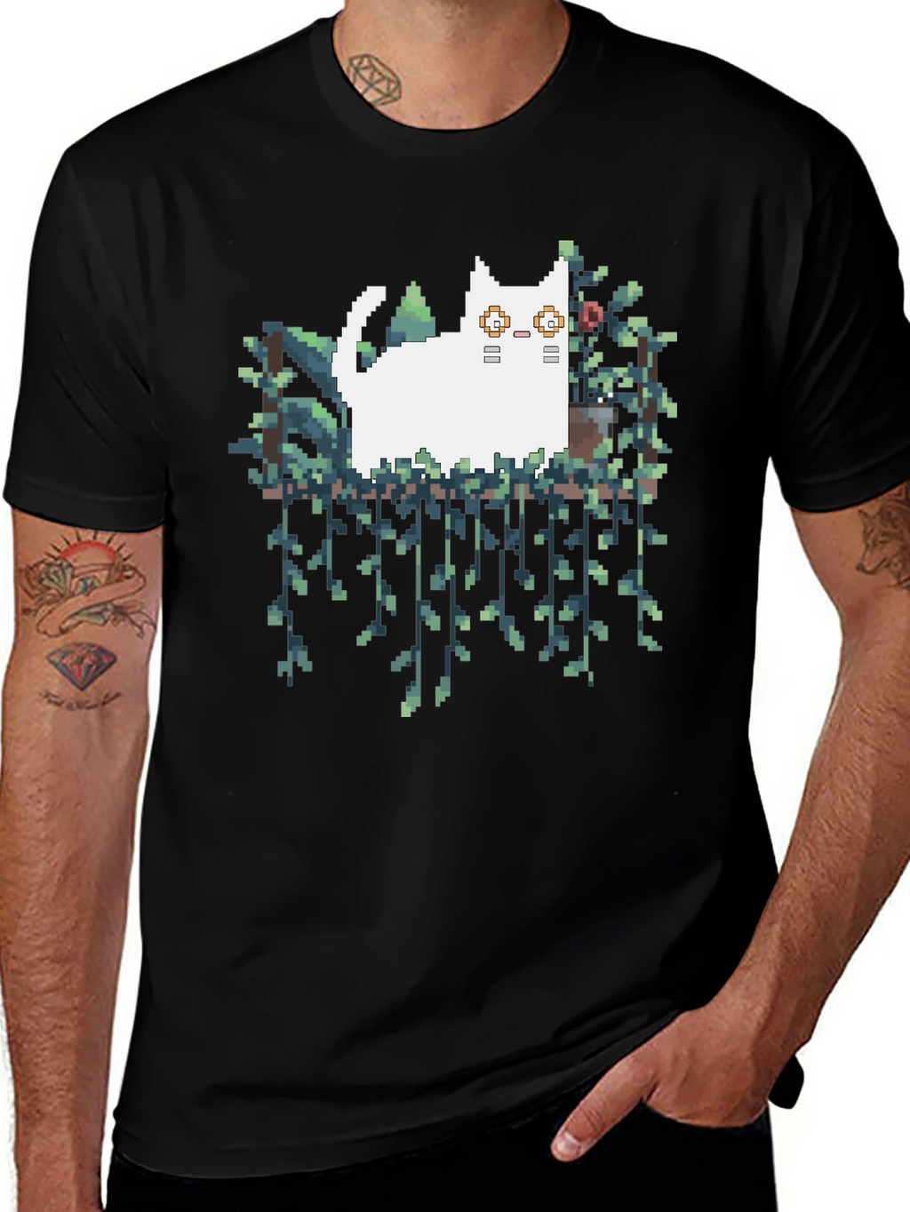Pixel Cat & Plants Black T-Shirt
