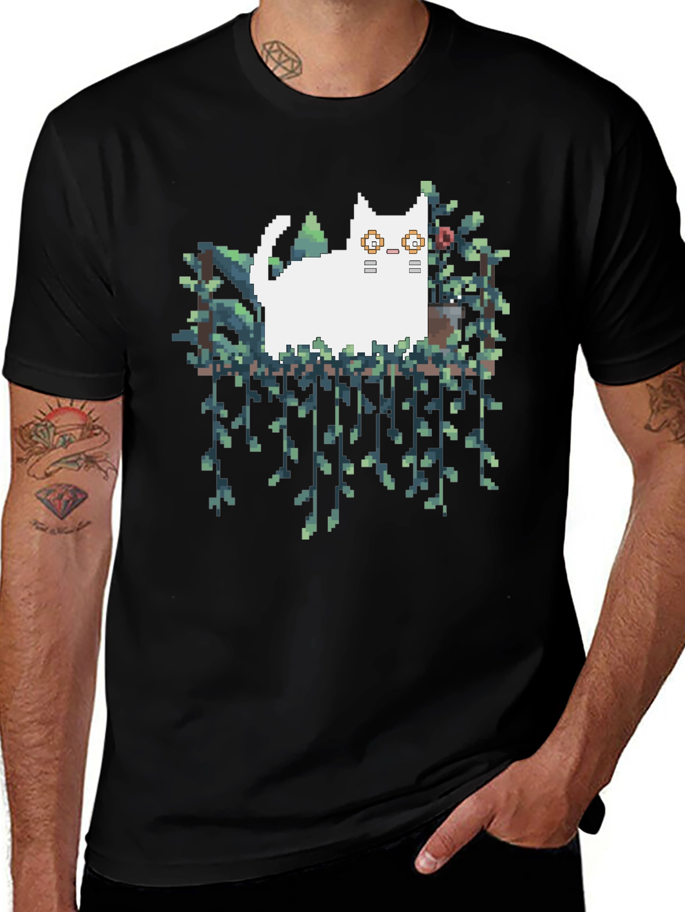 Pixel Cat & Plants Black T-Shirt