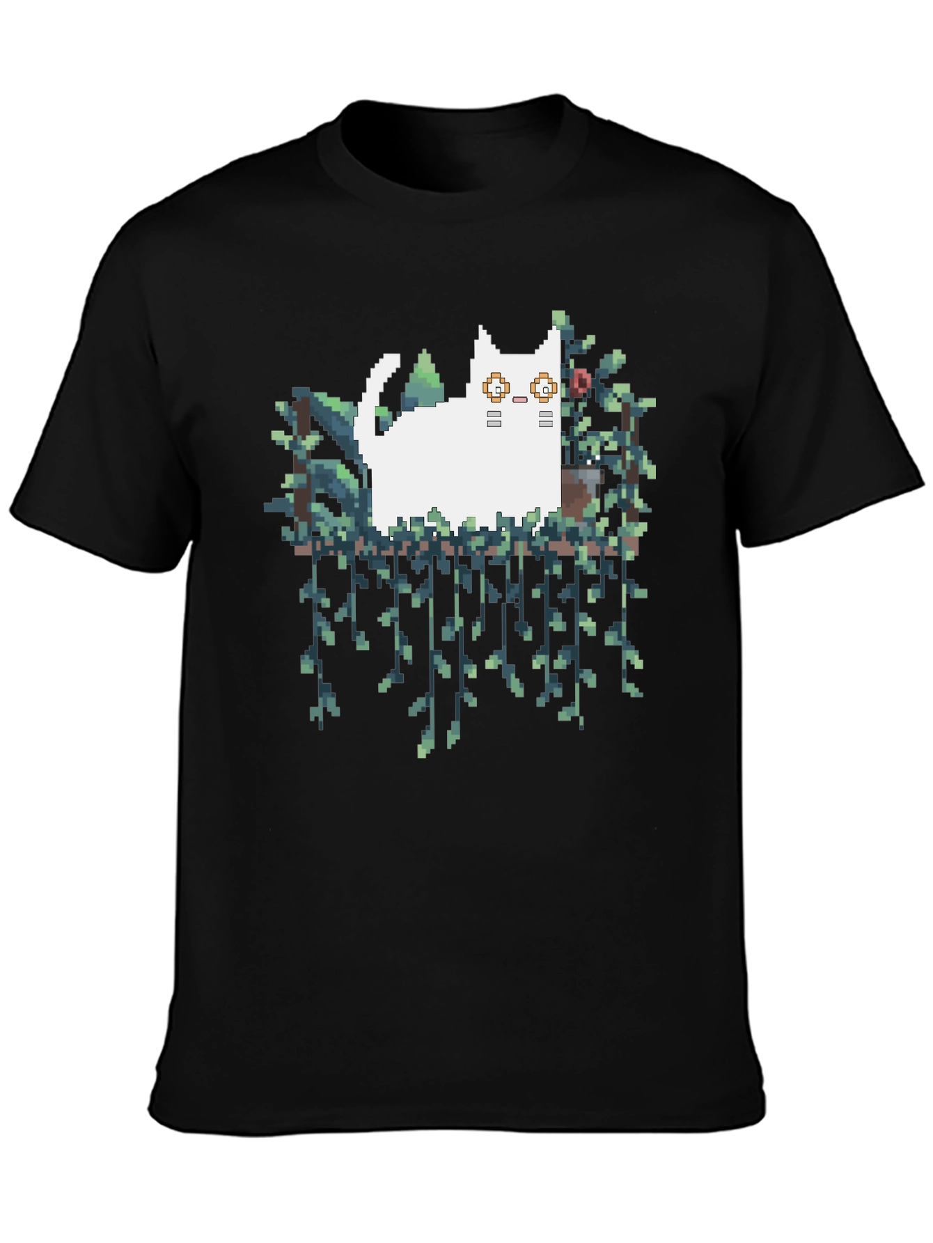 Pixel Cat & Plants Black T-Shirt
