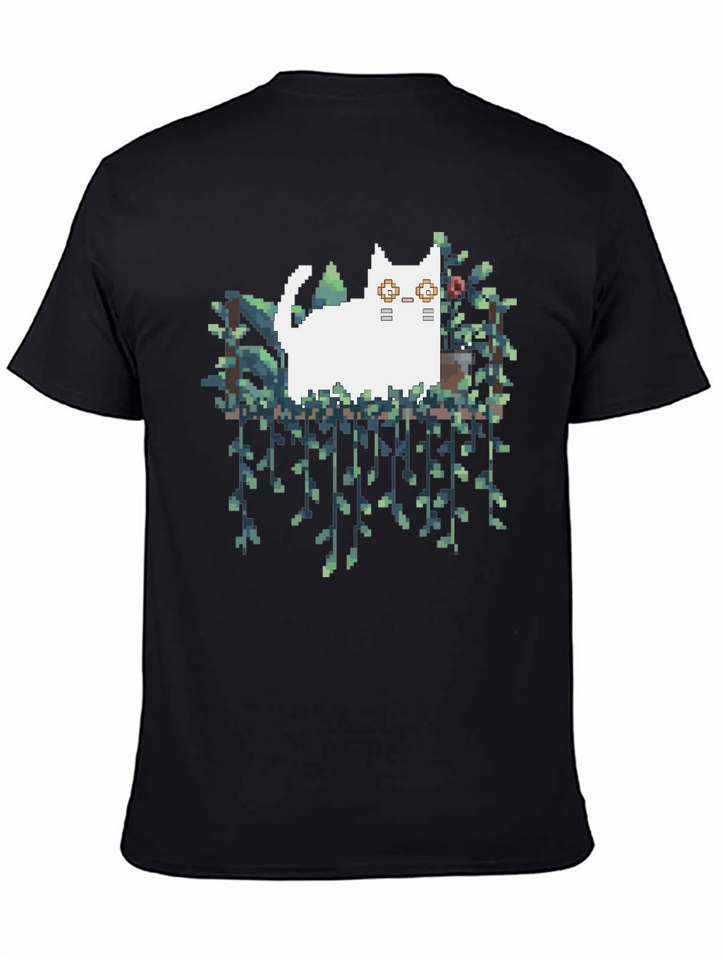 Pixel Cat & Plants Black T-Shirt
