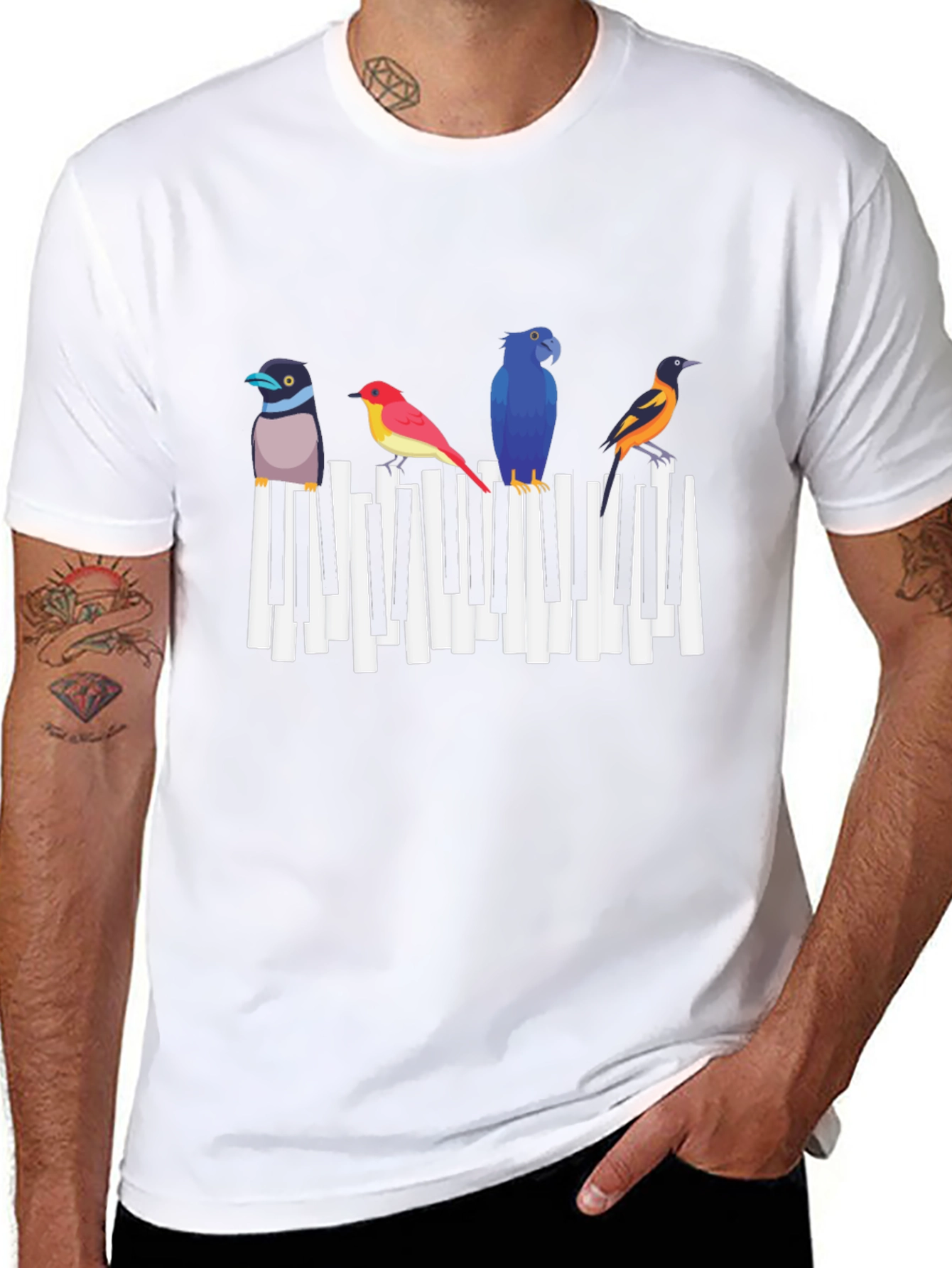 Musical Birds Graphic Tee - Black Cotton T-Shirt