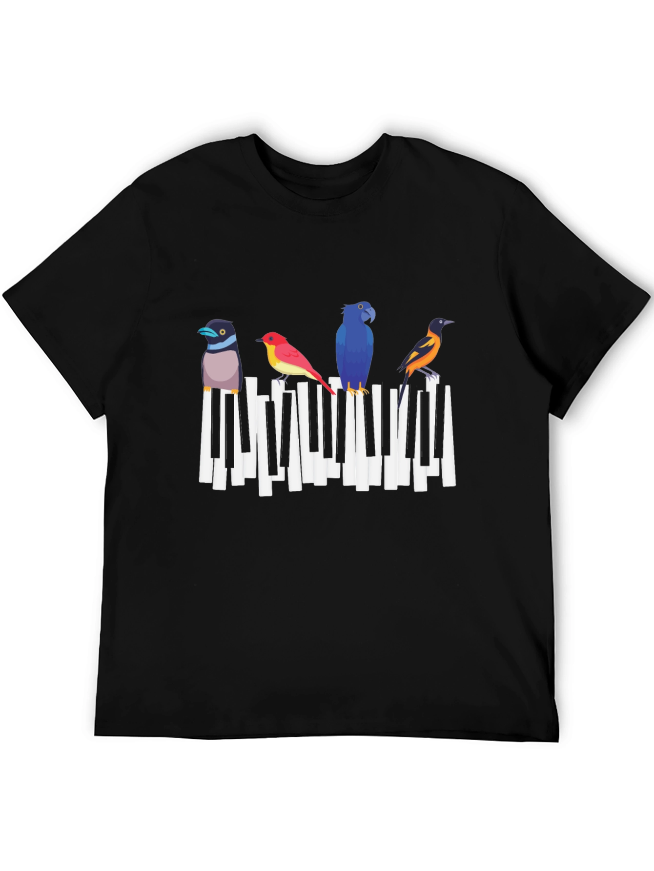 Musical Birds Graphic Tee - Black Cotton T-Shirt