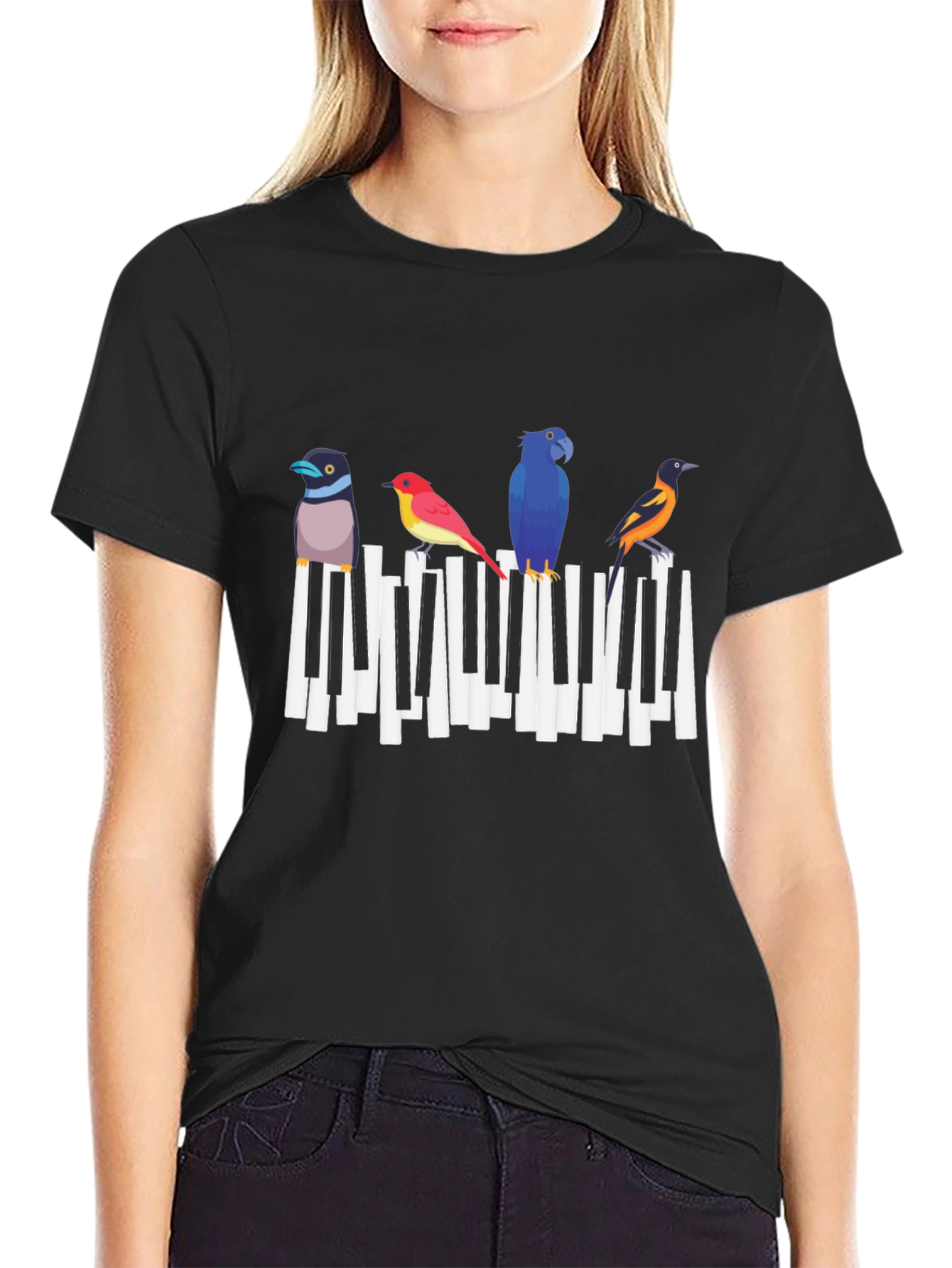 Musical Birds Graphic Tee - Black Cotton T-Shirt