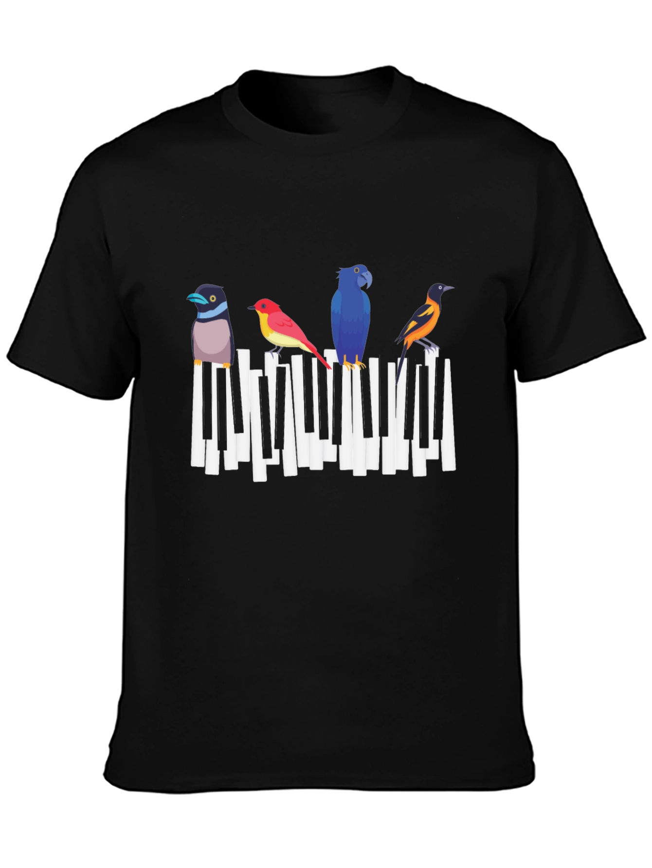 Musical Birds Graphic Tee - Black Cotton T-Shirt