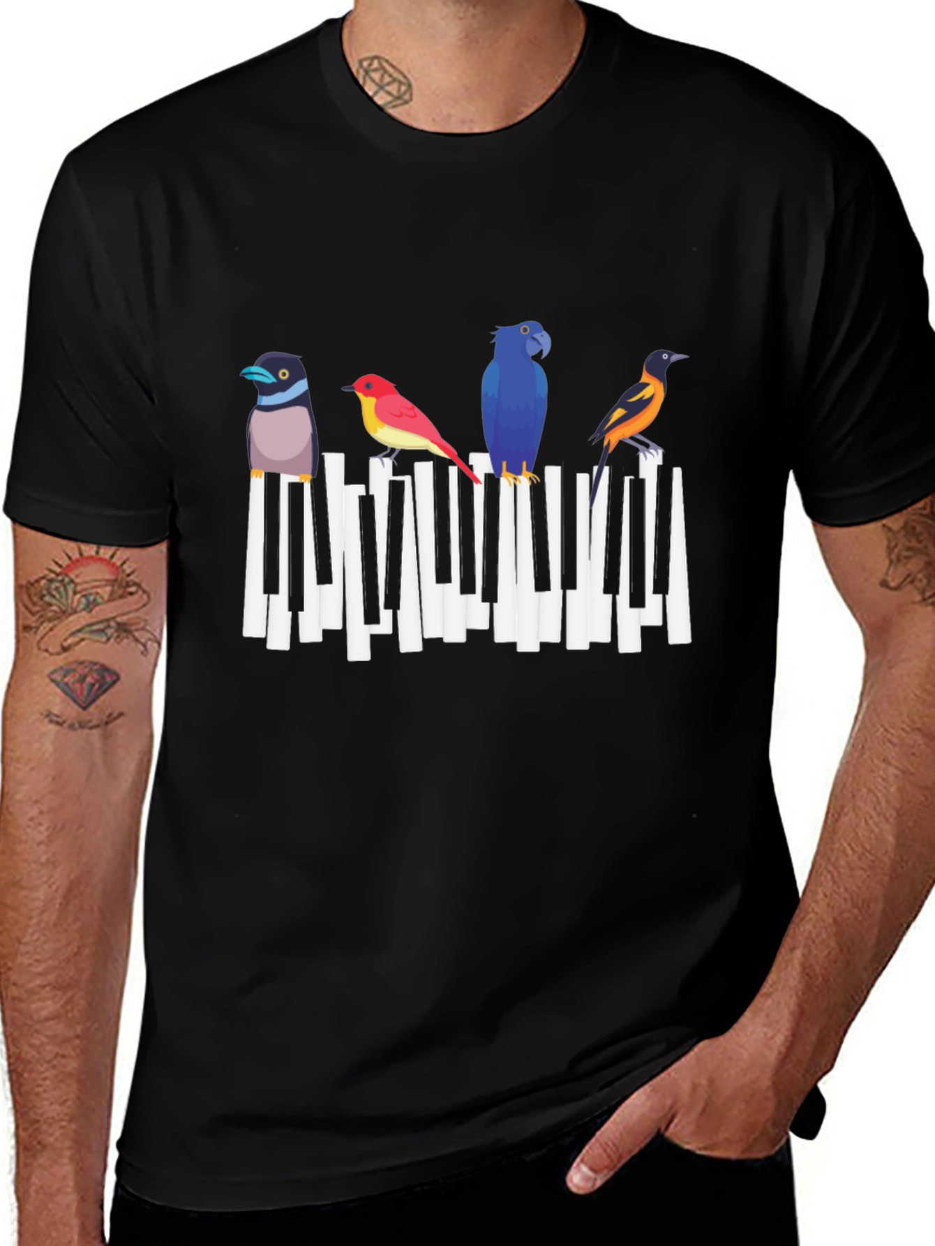 Musical Birds Graphic Tee - Black Cotton T-Shirt