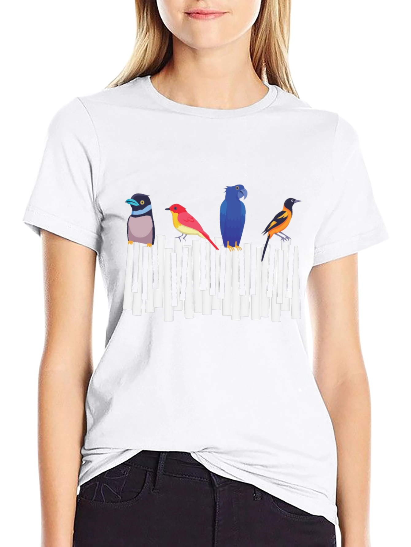 Musical Birds Graphic Tee - Black Cotton T-Shirt