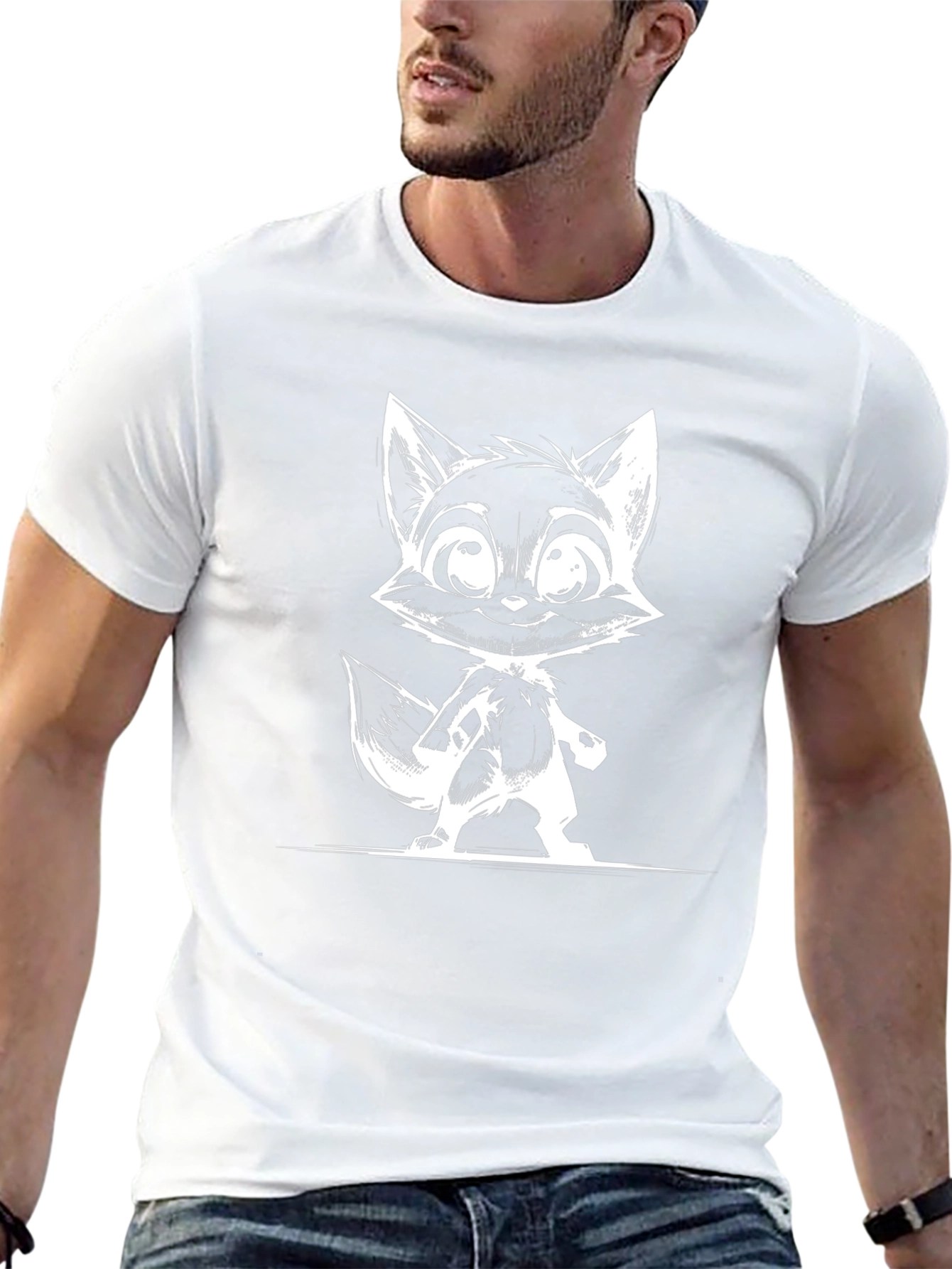 Black T-Shirt with White Fox Cartoon Design