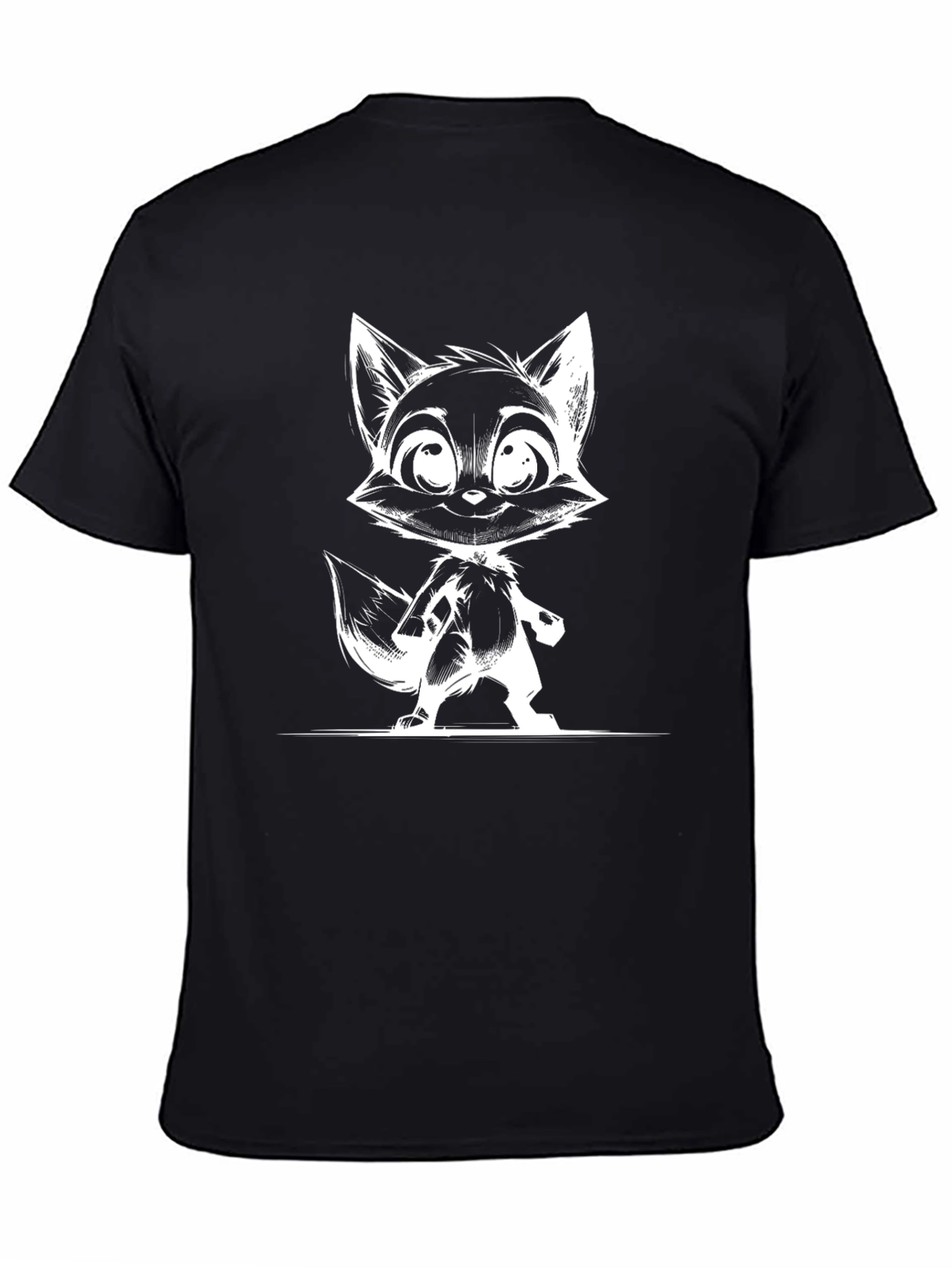 Black T-Shirt with White Fox Cartoon Design