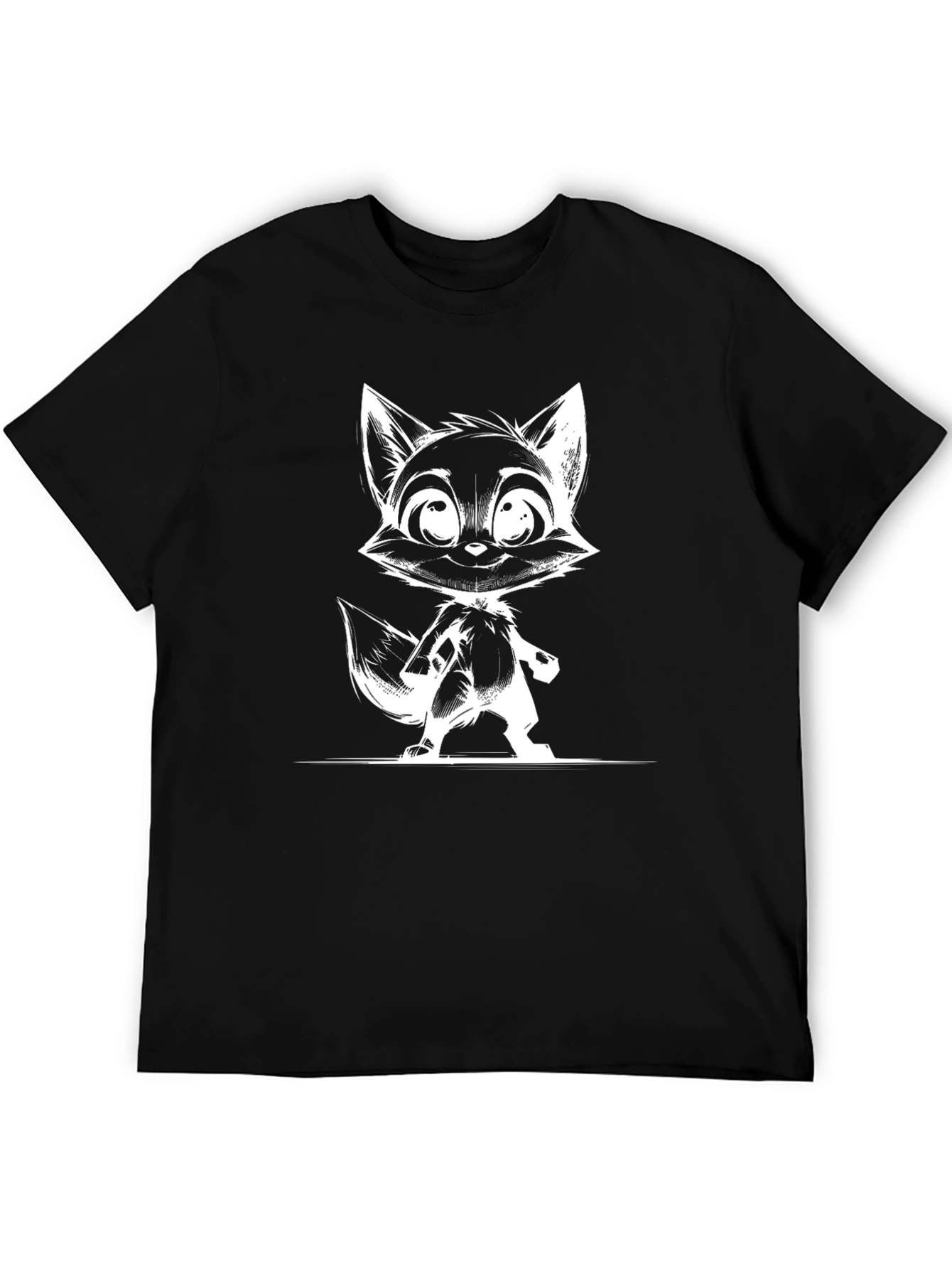 Black T-Shirt with White Fox Cartoon Design