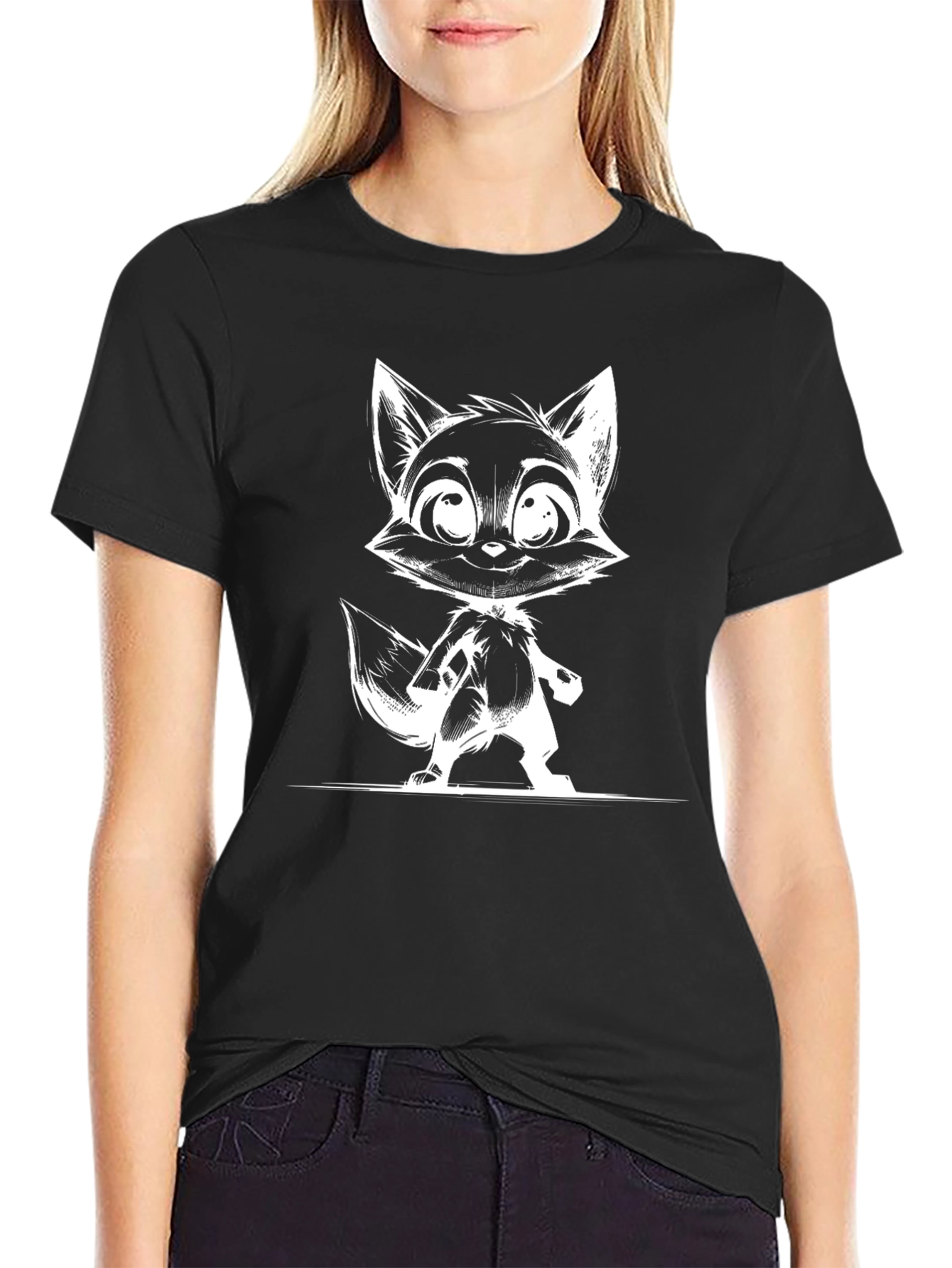 Black T-Shirt with White Fox Cartoon Design