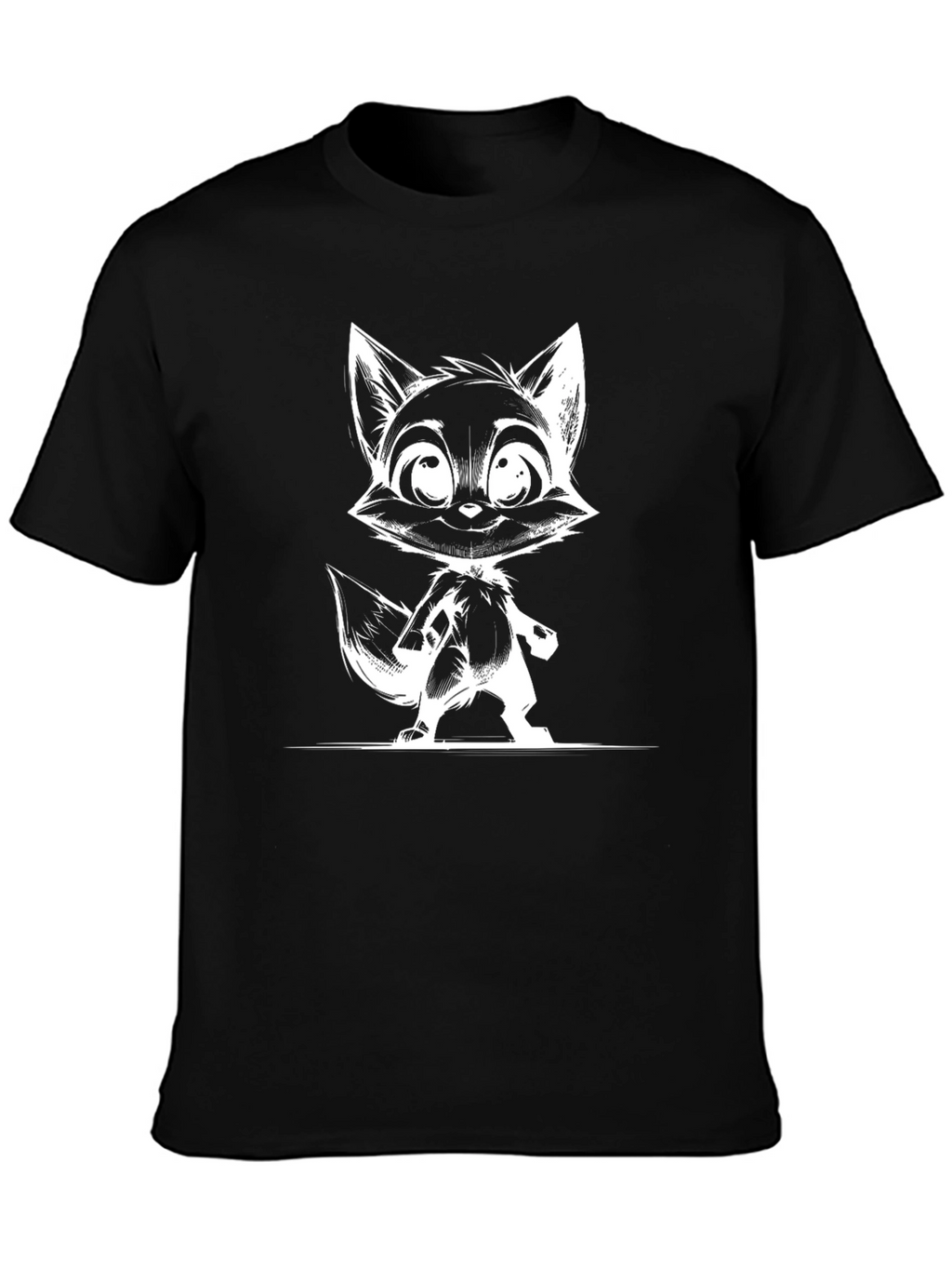 Black T-Shirt with White Fox Cartoon Design