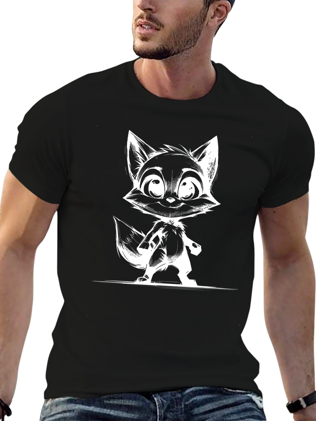 Black T-Shirt with White Fox Cartoon Design