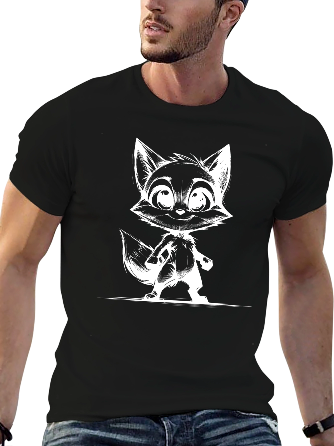 Black T-Shirt with White Fox Cartoon Design