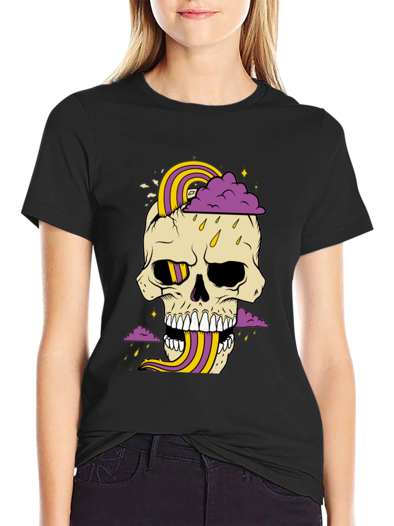 Skull Rainbow Graphic Tee - Mens Black Cotton T-Shirt