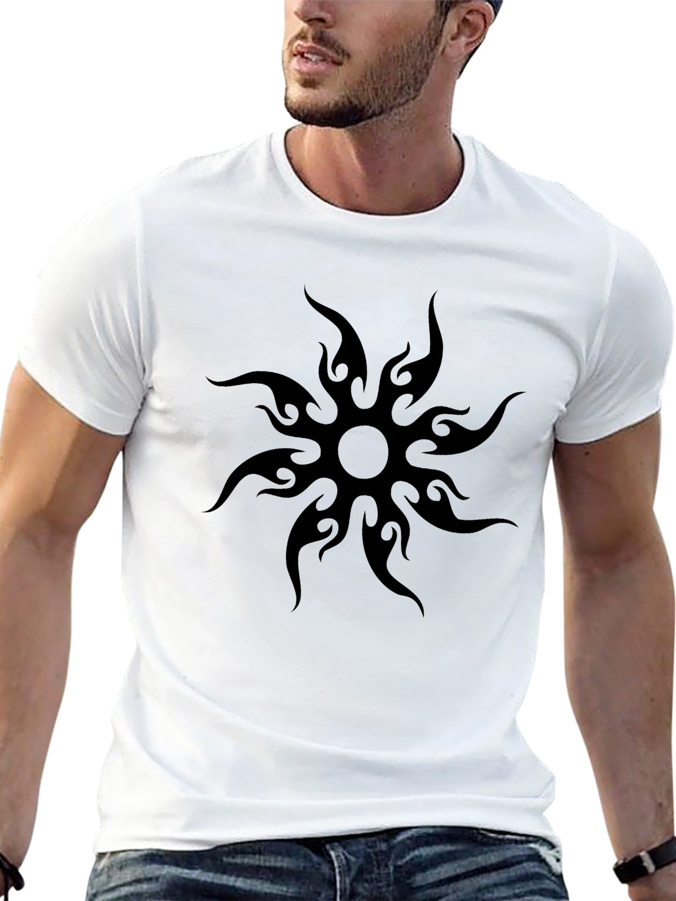 Tribal Sun Graphic Tee - Stylish Black T-Shirt