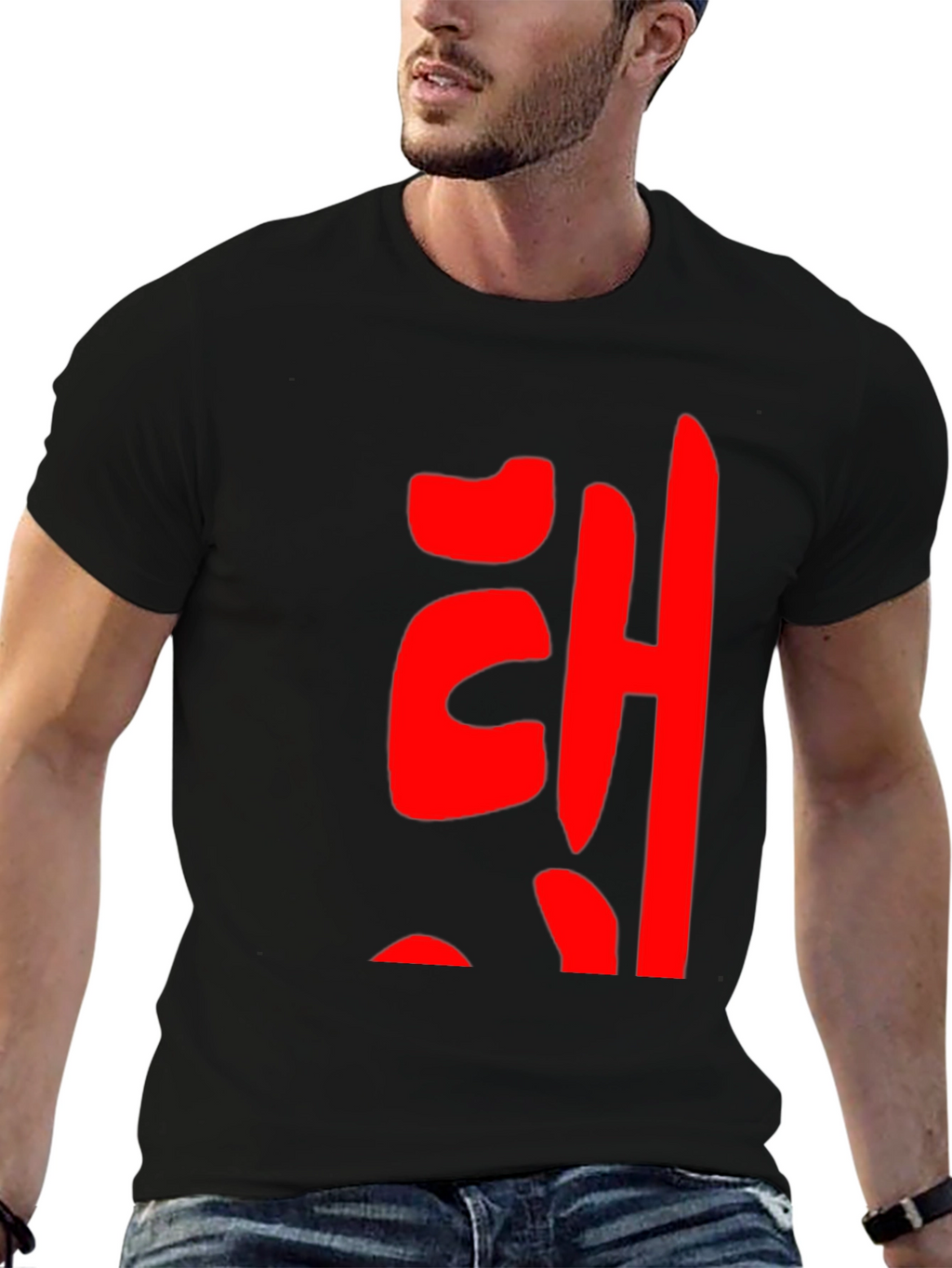 Red Korean Lettering Black T-Shirt