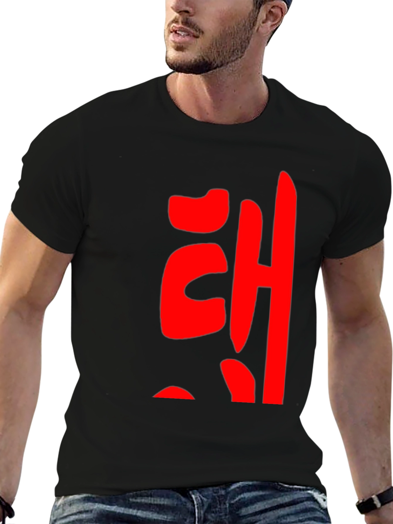 Red Korean Lettering Black T-Shirt