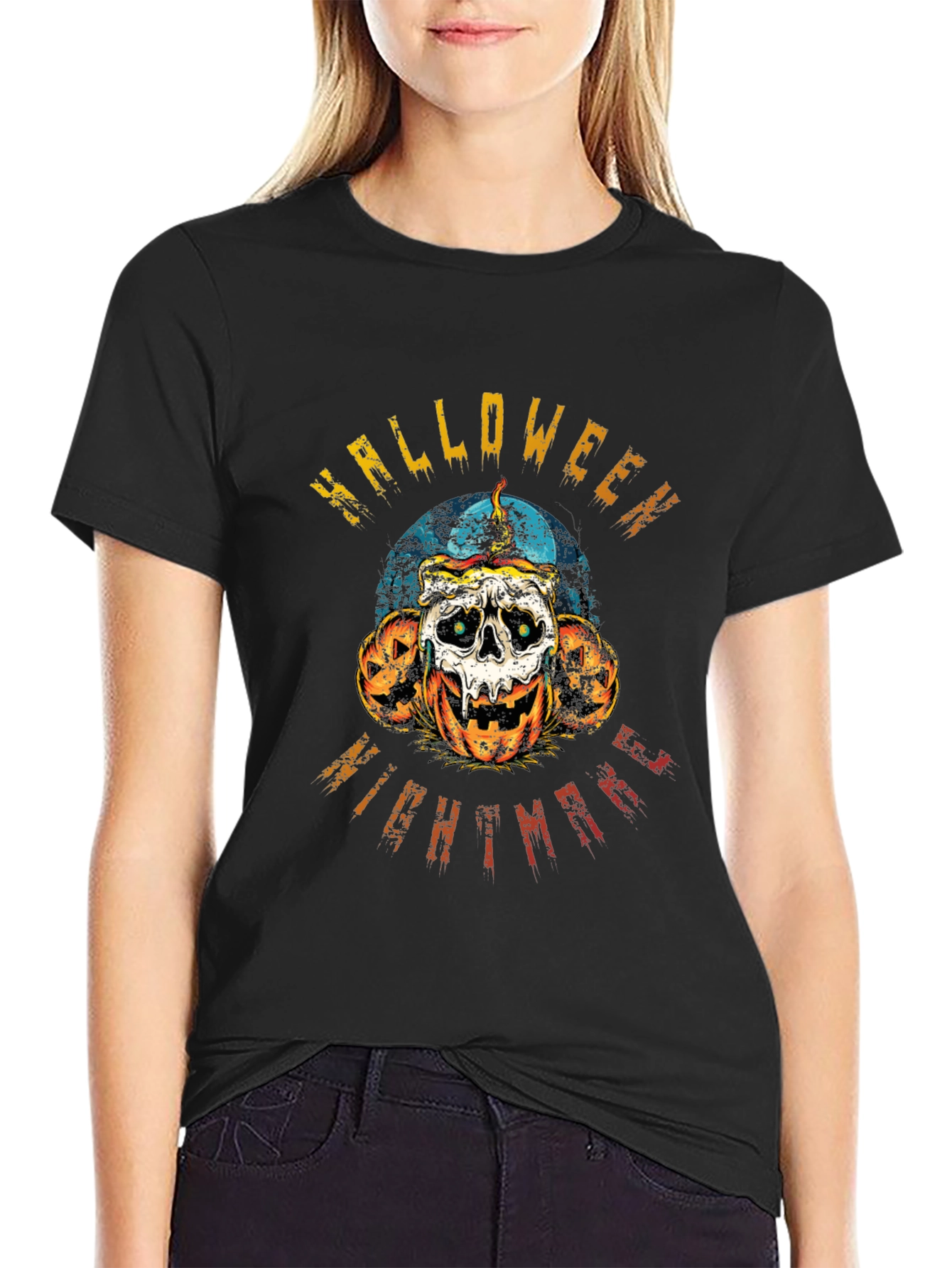 Halloween Nightmare Graphic Tee - Skull & Pumpkins
