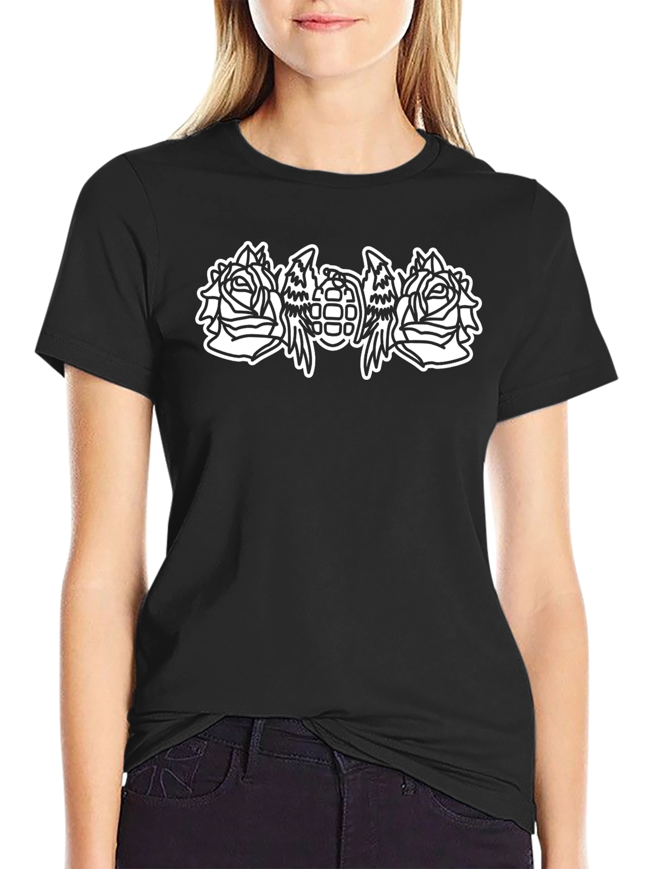 Black T-Shirt with Rose & Grenade Graphic