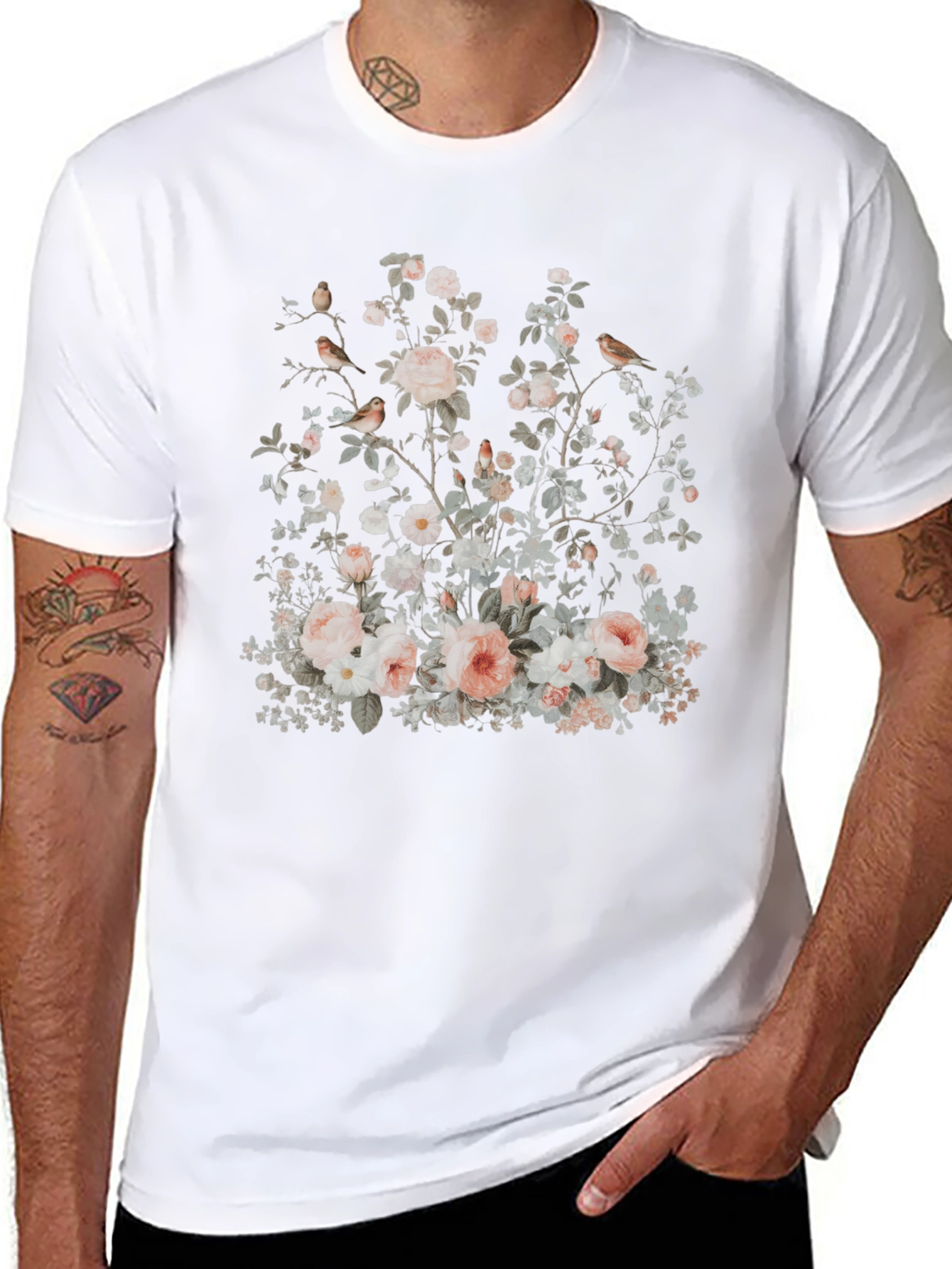 Floral Bird Print Graphic Tee - Soft & Stylish