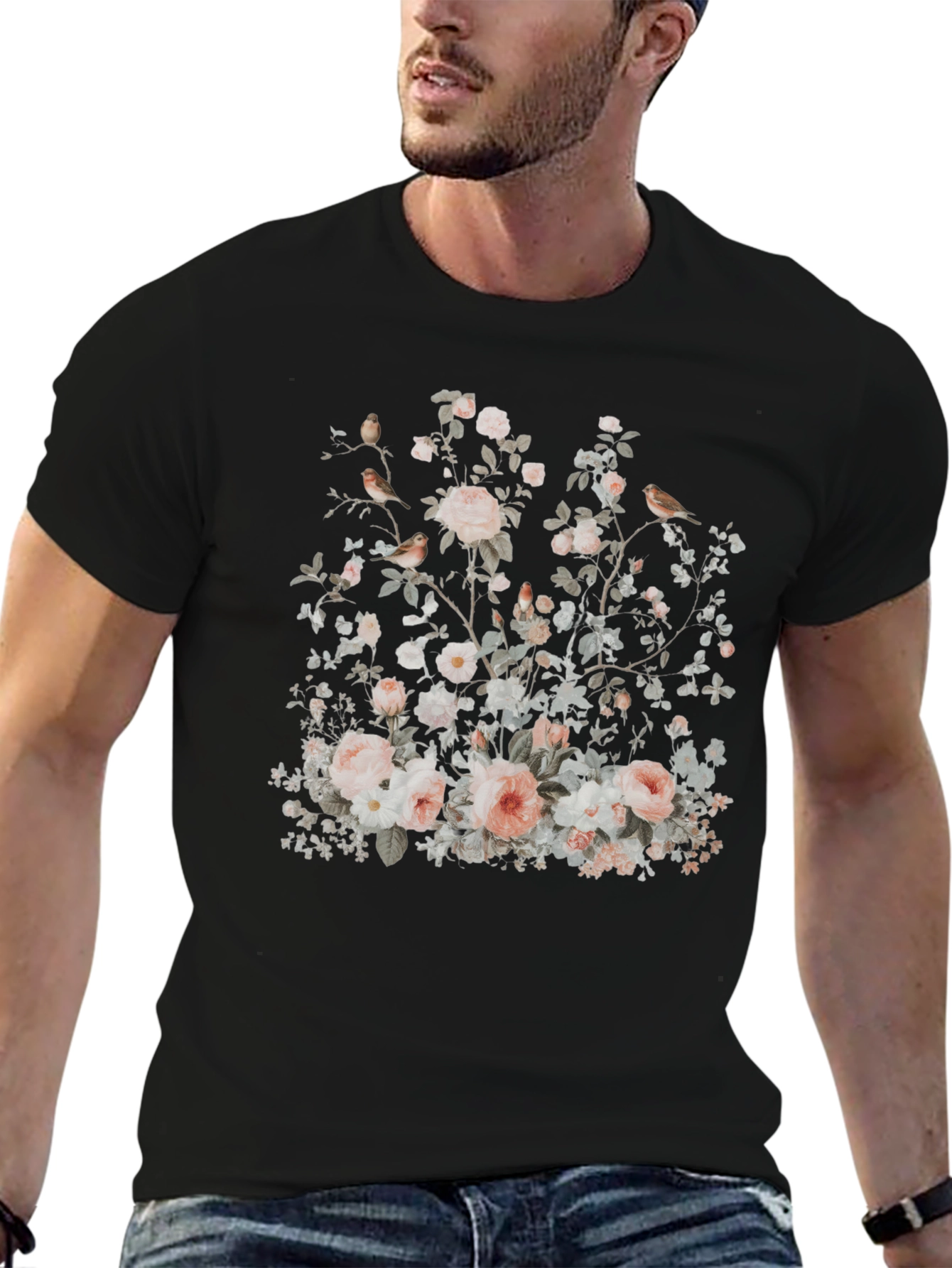 Floral Bird Print Graphic Tee - Soft & Stylish
