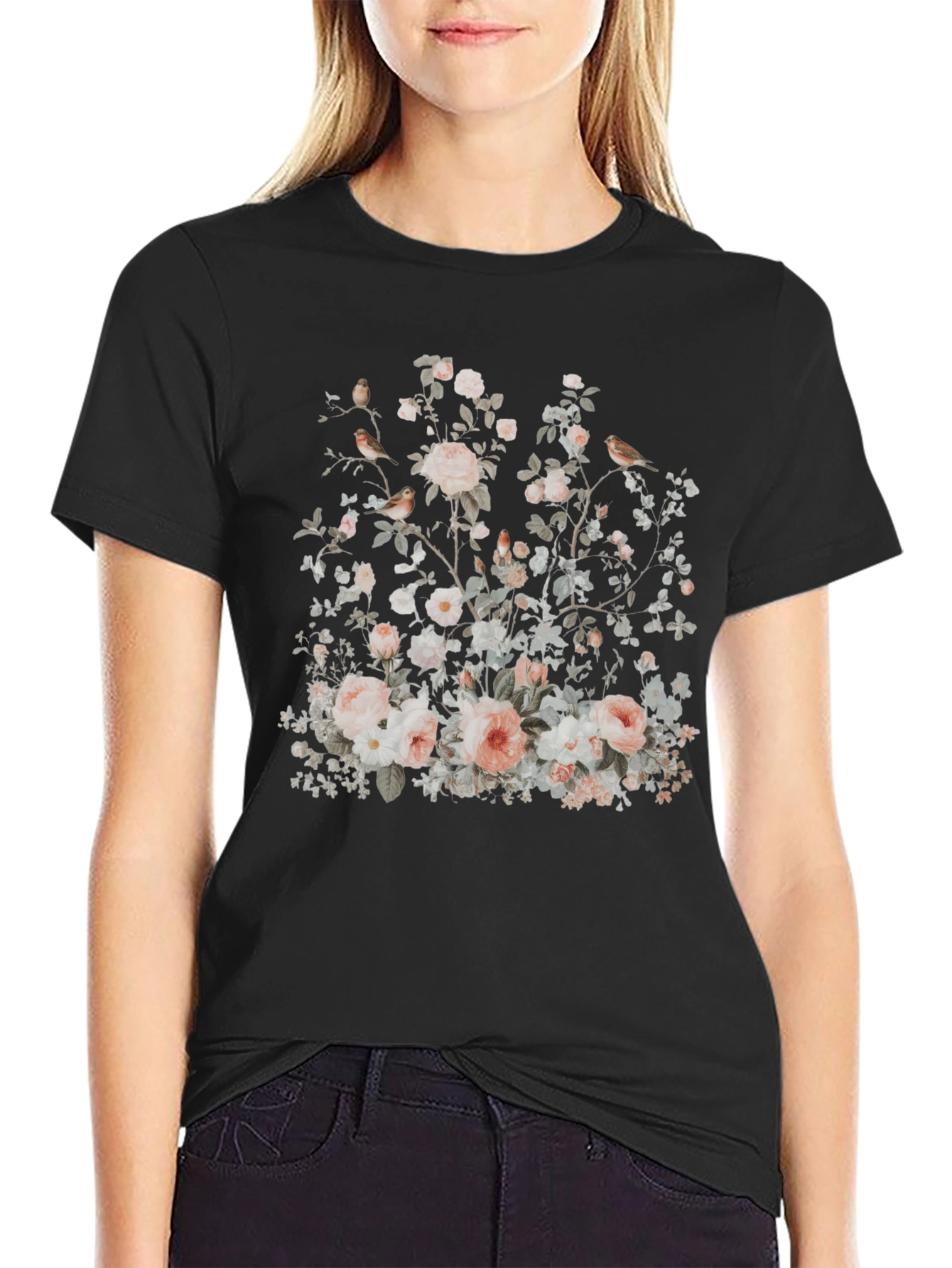 Floral Bird Print Graphic Tee - Soft & Stylish