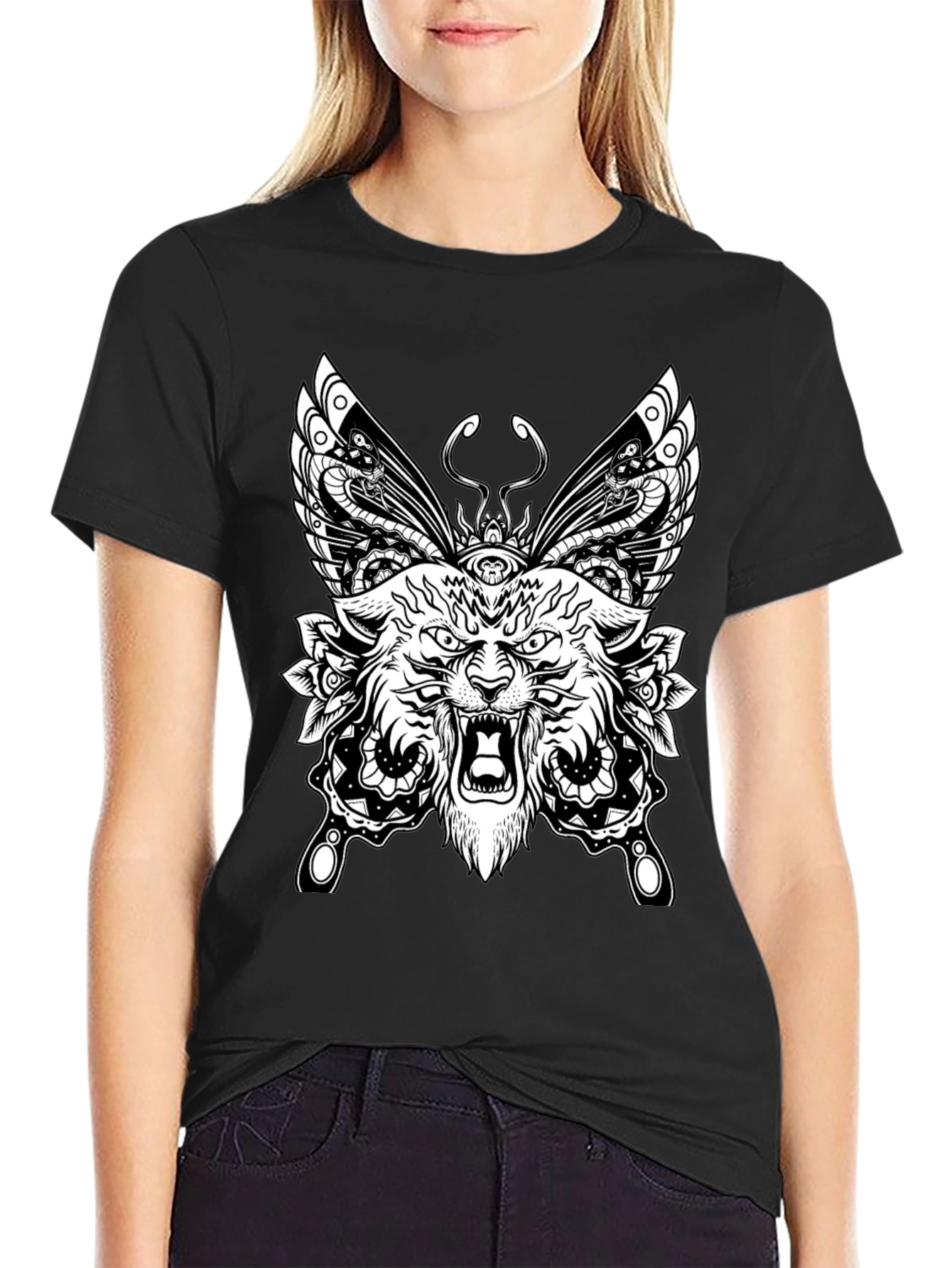 Wolf Butterfly Graphic Tee - Black Cotton T-Shirt