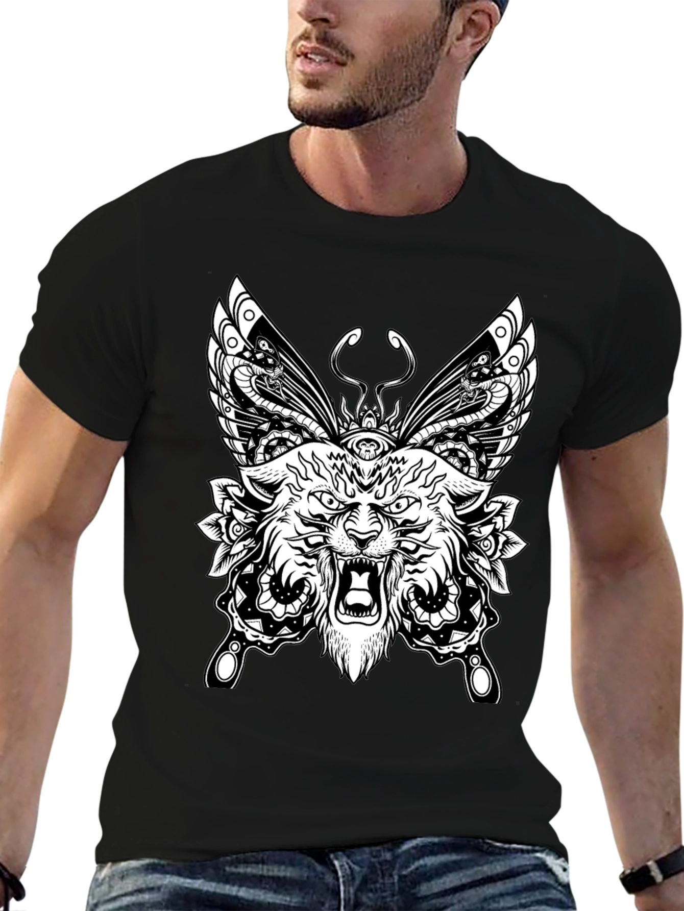 Wolf Butterfly Graphic Tee - Black Cotton T-Shirt