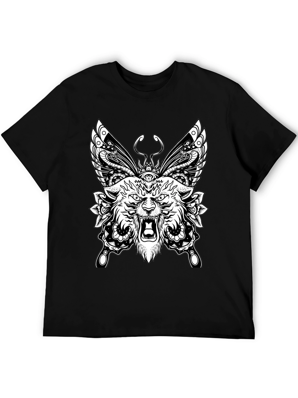 Wolf Butterfly Graphic Tee - Black Cotton T-Shirt