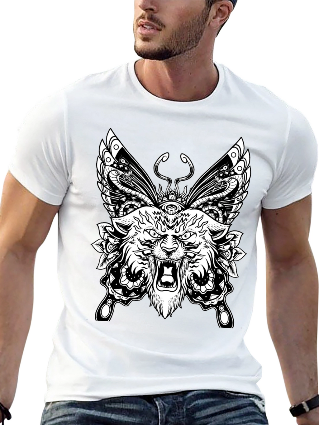 Wolf Butterfly Graphic Tee - Black Cotton T-Shirt