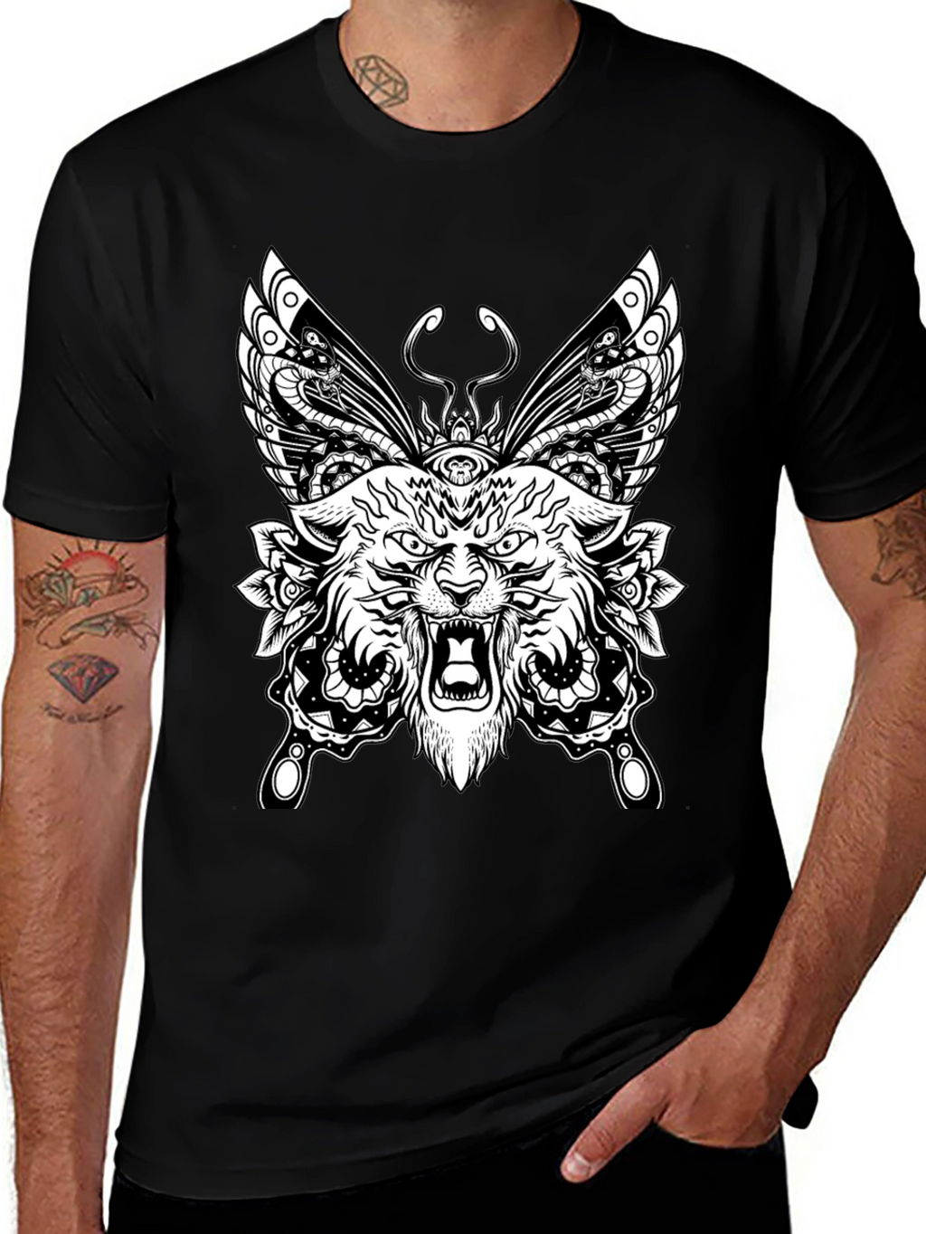 Wolf Butterfly Graphic Tee - Black Cotton T-Shirt