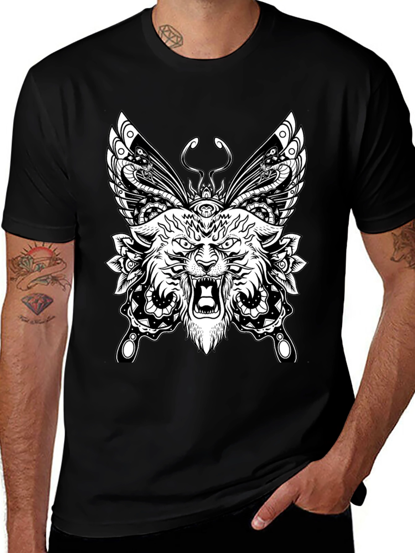Wolf Butterfly Graphic Tee - Black Cotton T-Shirt
