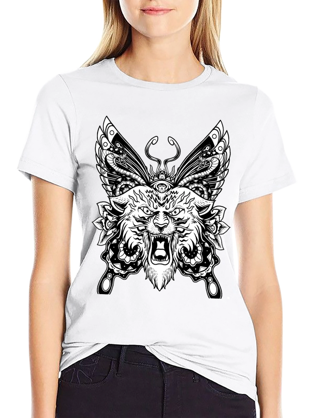Wolf Butterfly Graphic Tee - Black Cotton T-Shirt