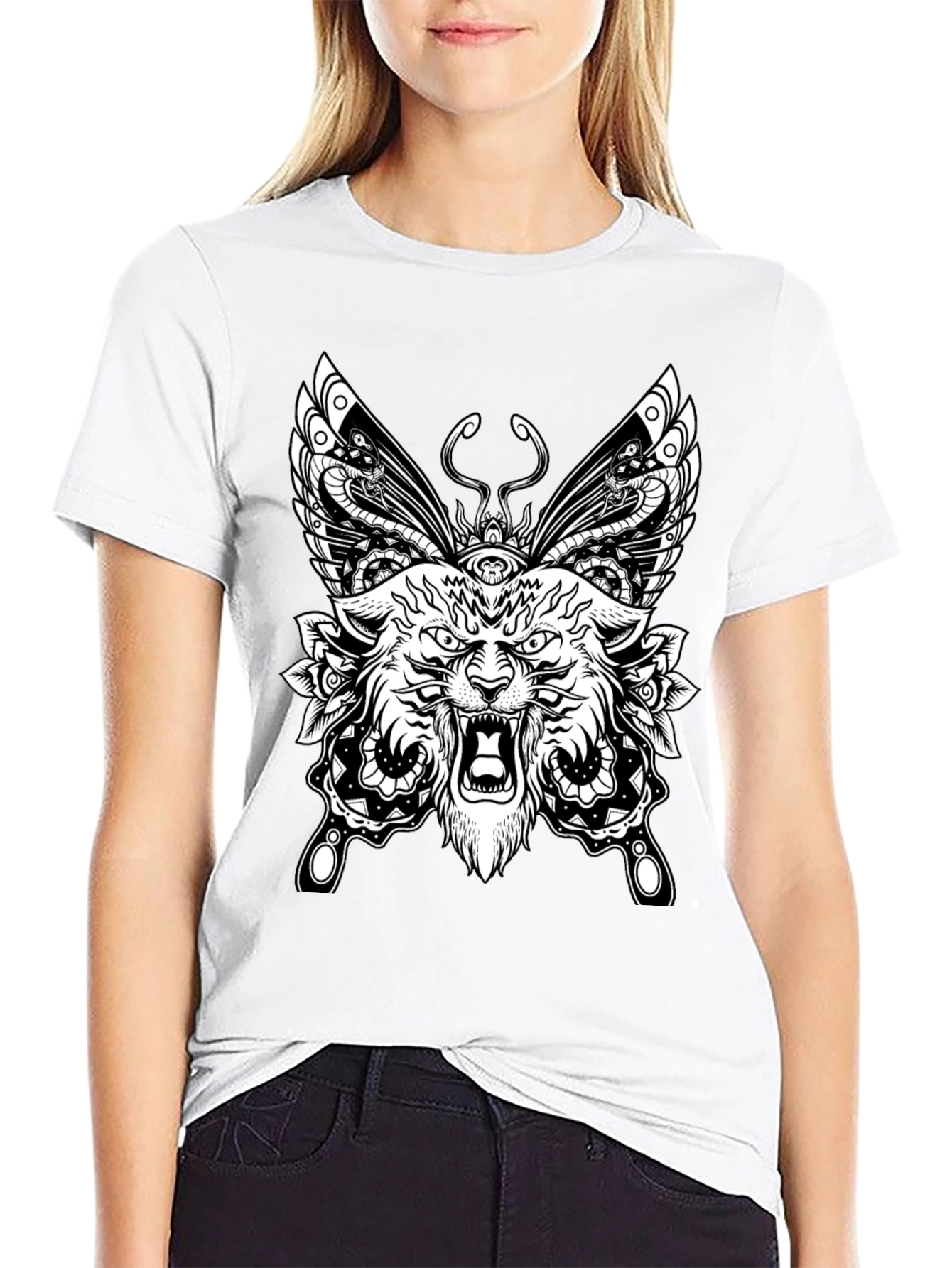 Wolf Butterfly Graphic Tee - Black Cotton T-Shirt