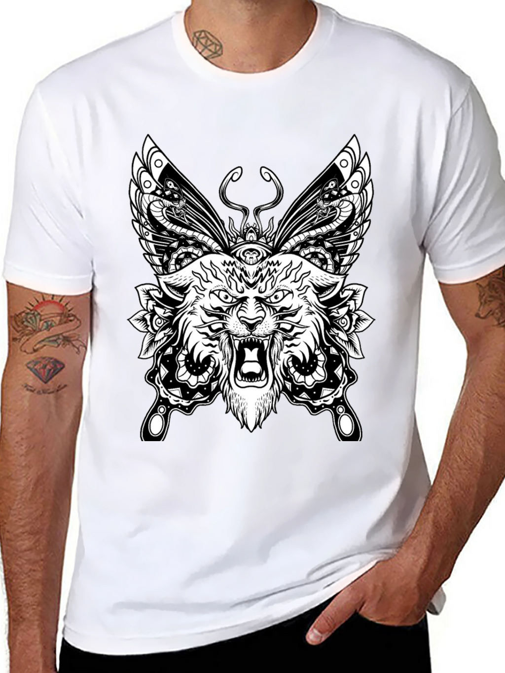 Wolf Butterfly Graphic Tee - Black Cotton T-Shirt