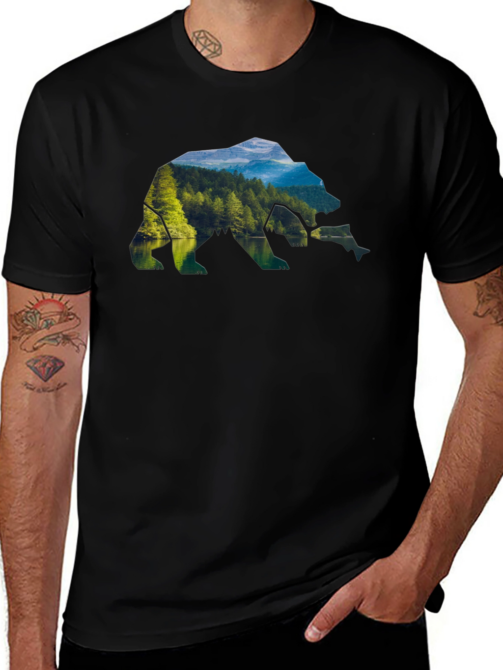 Nature Bear Graphic Tee - Black Crew Neck