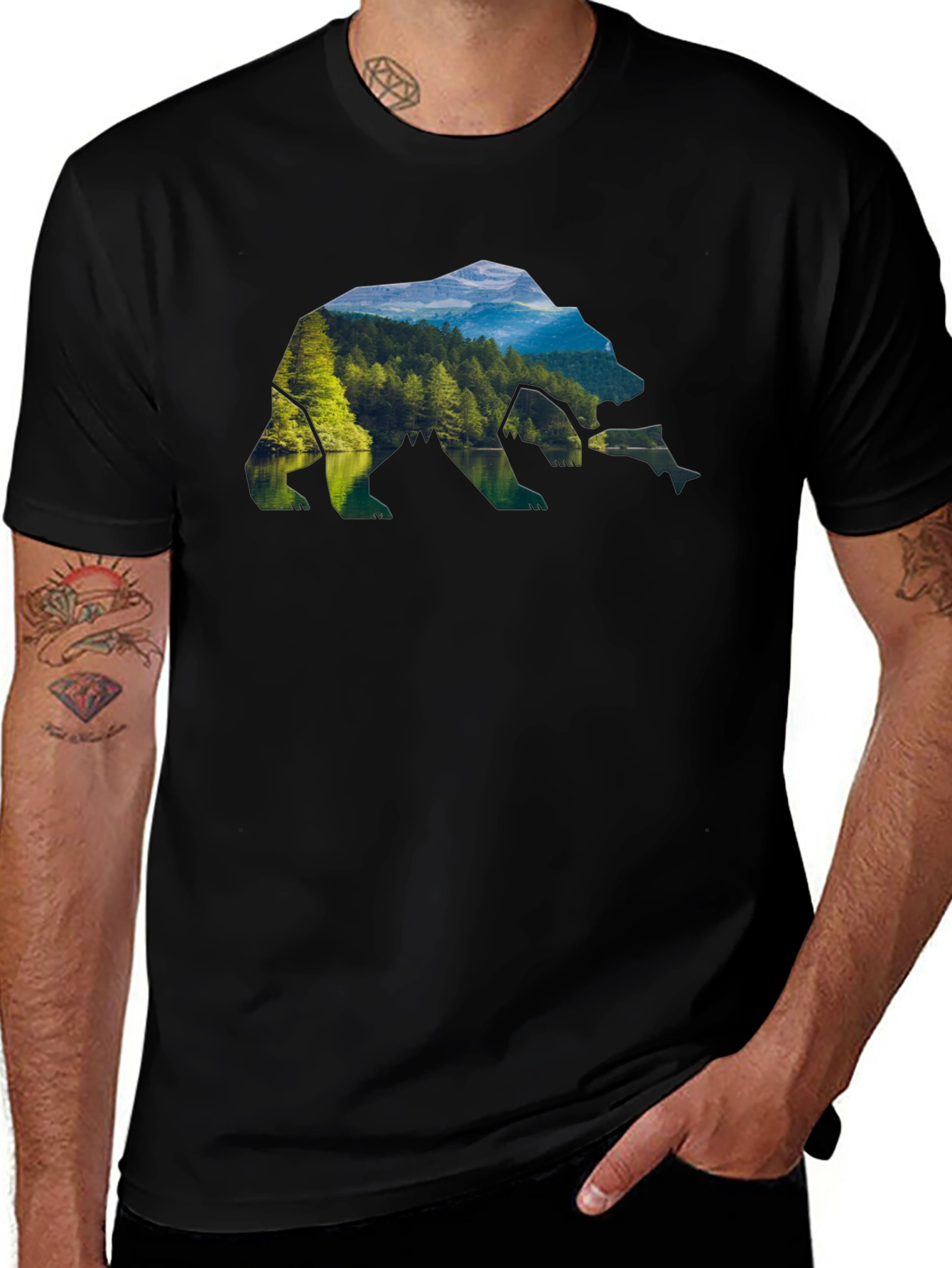 Nature Bear Graphic Tee - Black Crew Neck
